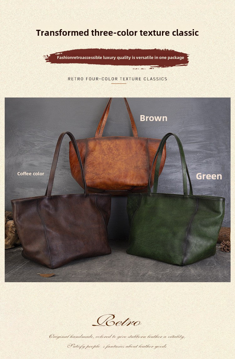 Tanned Cowhide Large Capacity Tote Bag, Genuine Leather One-Shoulder Cross-Span Bag Women's Large Bag Shopping Bag