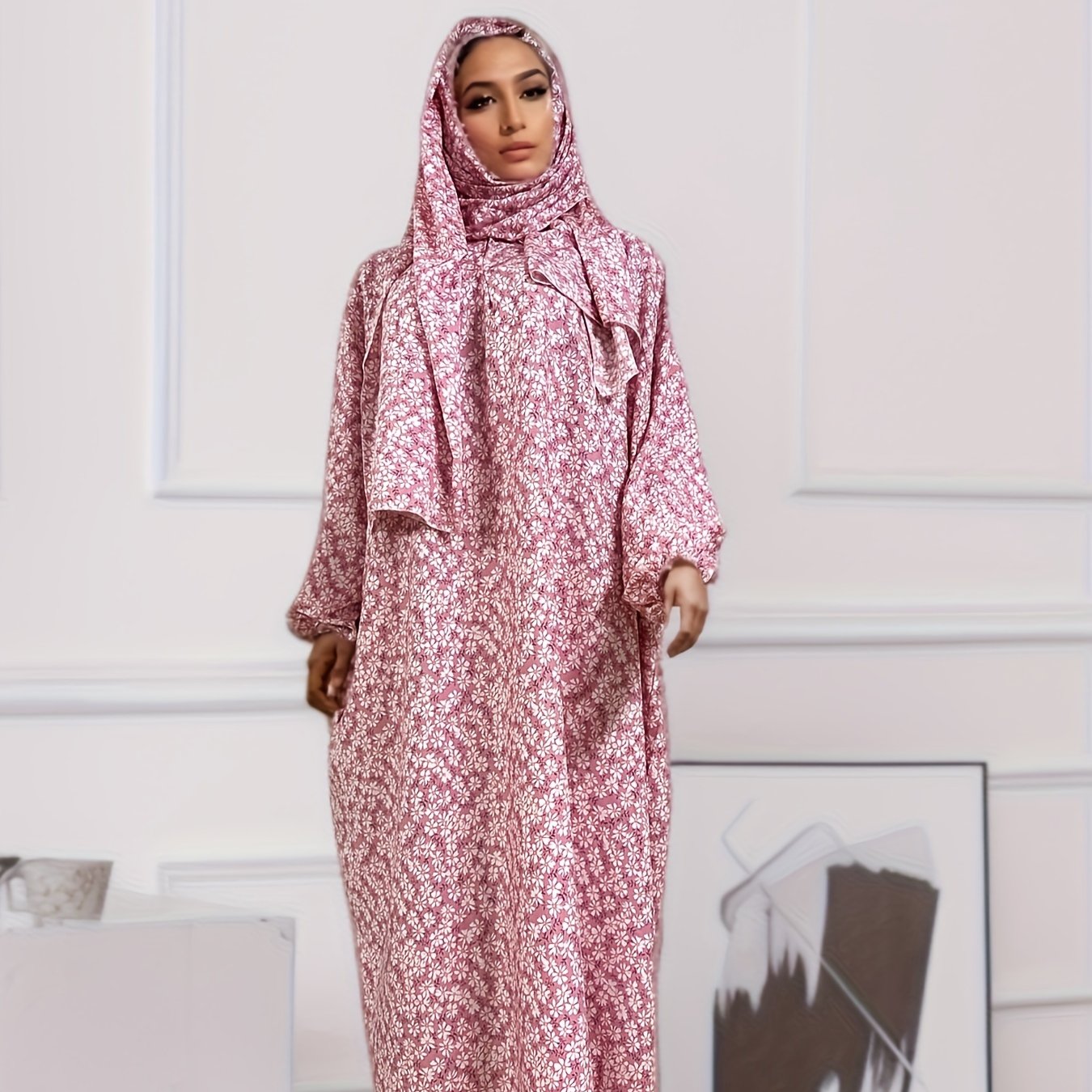 Elegant Floral Print Women's Prayer Modest Dress with Hijab Scarf - Long Sleeve Jibab Abaya, Maxi Length, Rayon Material, Pink & White Patterned Design, All-Season Wear, Religious Attire | Middle Eastern Fashion | Smooth Texture