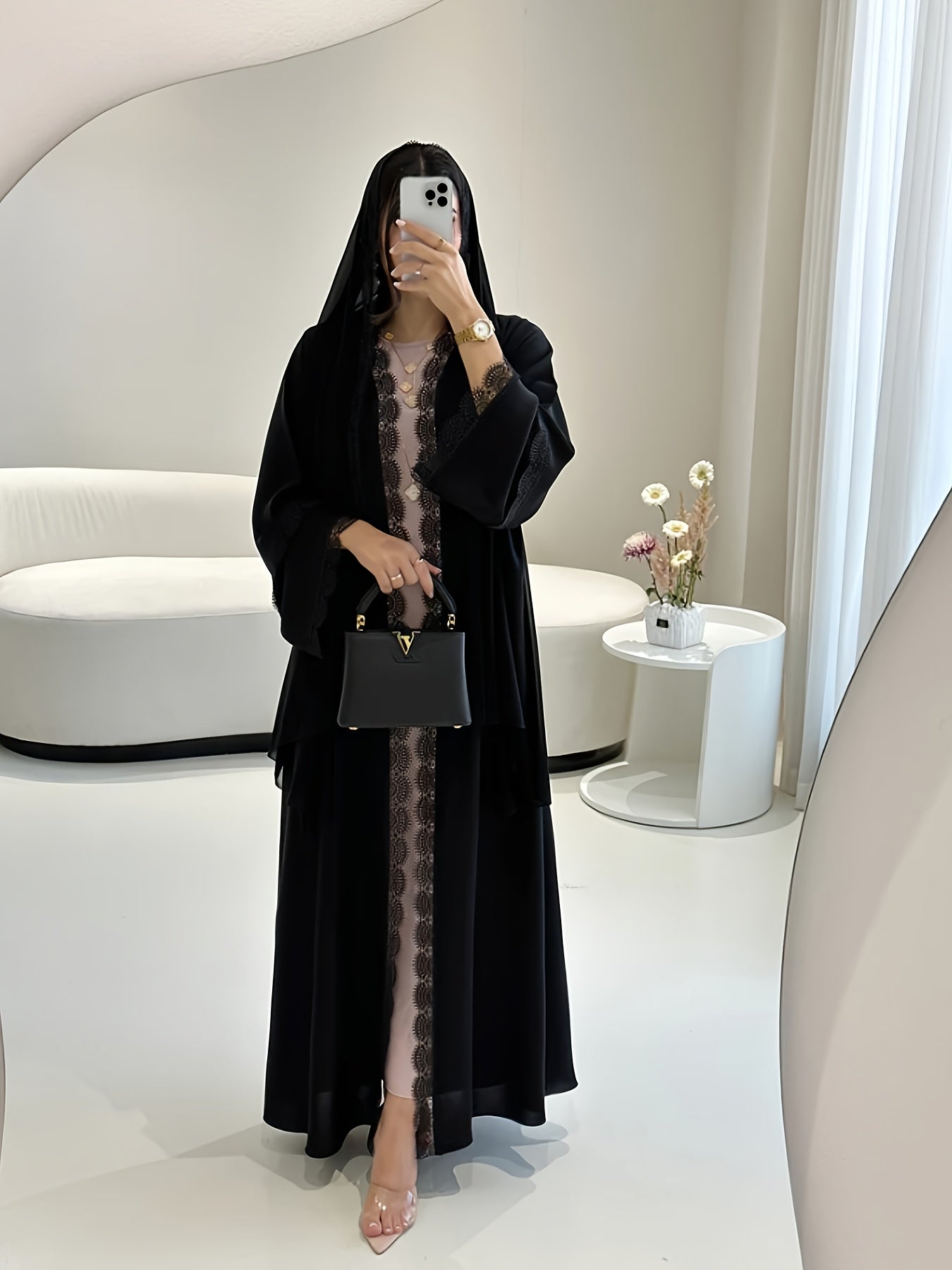 Solid Color Black Lace Pakistani Abaya, Headscarf Jacket Two-Piece Set + YT