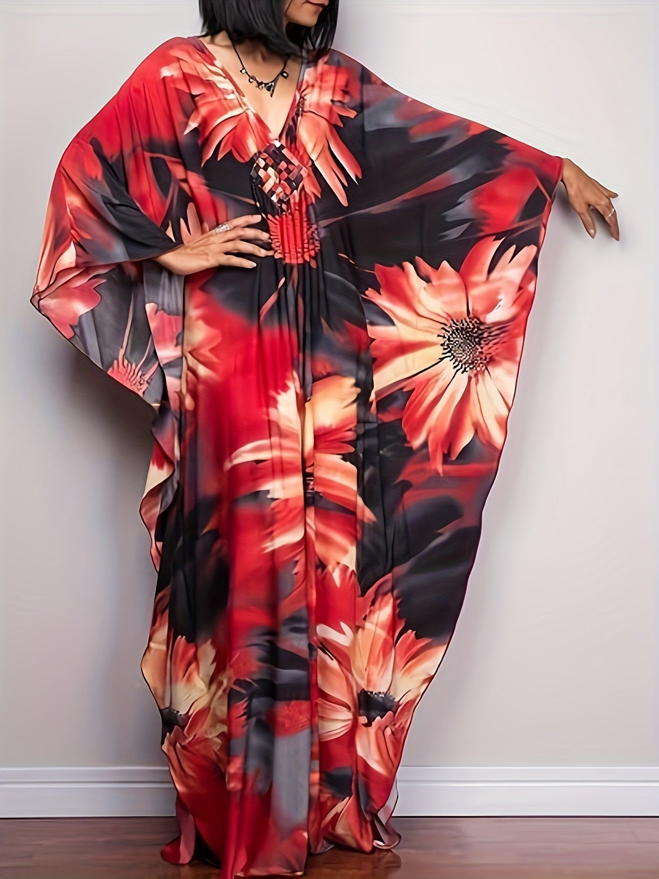 Plus Size, Women Ethnic Print Kaftan Beach Dress Plus Size Swimsuit Cover Up