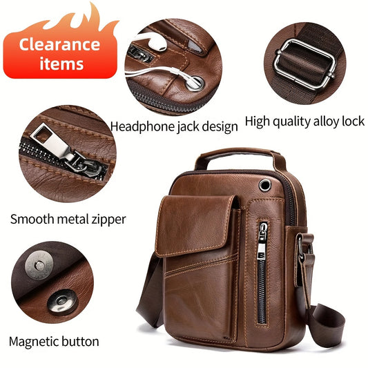 Men's Genuine Leather Crossbody Bag with Magnetic Buttons, Adjustable Strap & Smooth Metal Zipper - Stylish Casual Satchel for Everyday Use