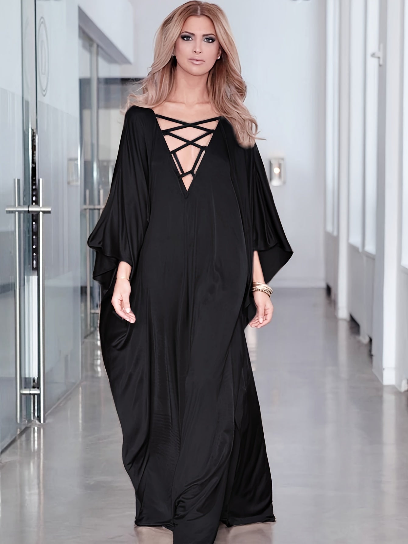 Plus Size Boho Chic Kaftan Tunic - Oversized V-Neck Long Sleeve with Side Slits, Royal Blue Maxi Dress for Beach Vacation & Party Wear, Lightweight Summer Cover-Up, Casual Poolside Attire
