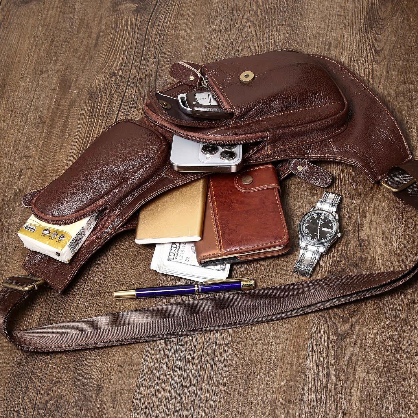Genuine Leather Sling Bag for Men & Women - Adjustable 41.33" Crossbody Chest Pack with Multiple Zippered Compartments