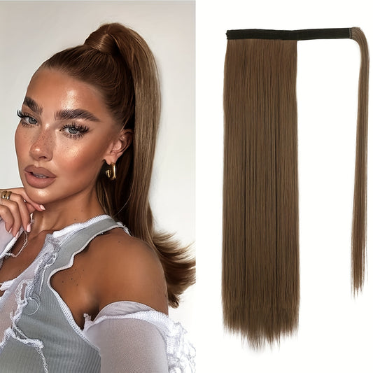 Brown Synthetic Ponytail Hair Extensions - 18 Inch Long, Straight, Wrap Around Clip In