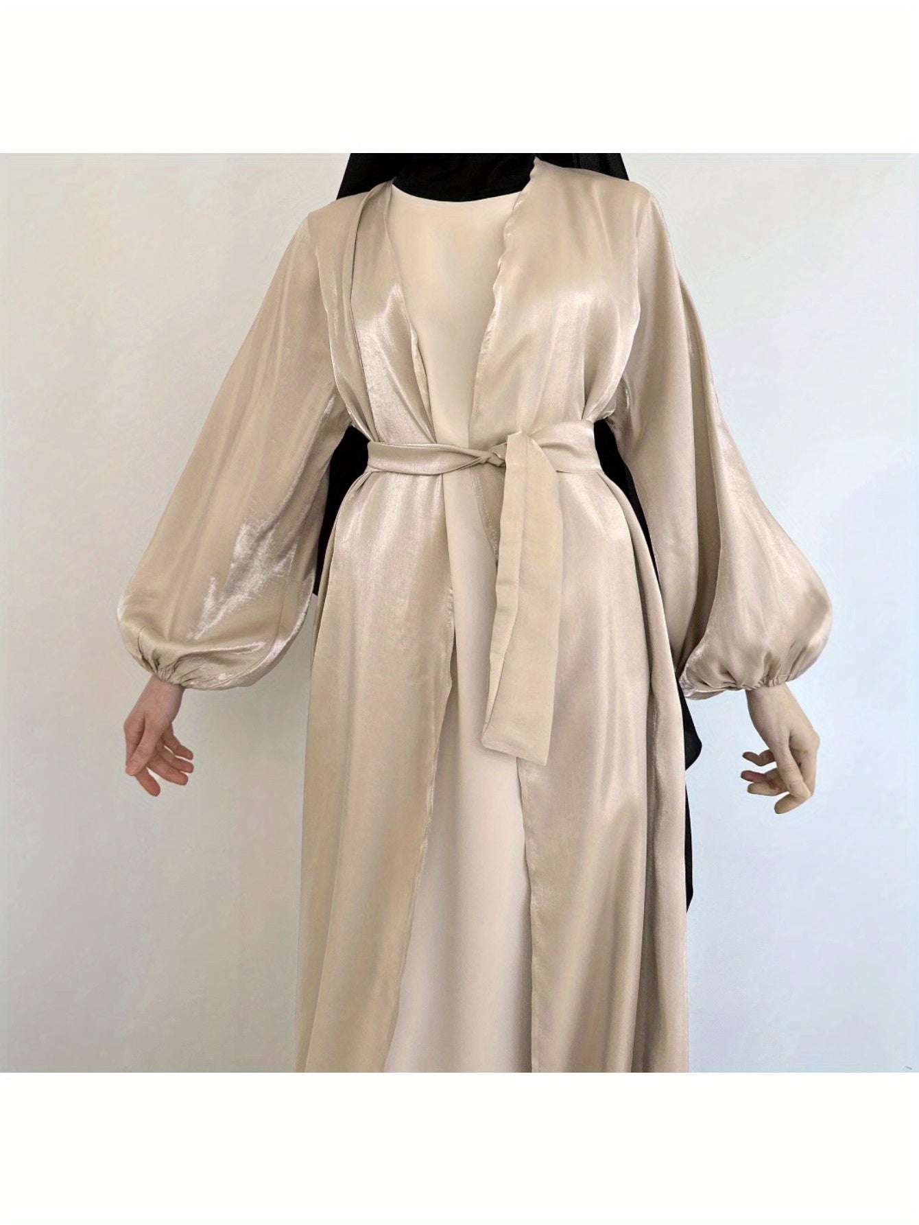 Plus Size, Middle Eastern Modest Muslim Fashionable Bright Silky Satin Solid Color Belt Bat Sleeve Arabic Abaya European and American Large Size Women's Clothing