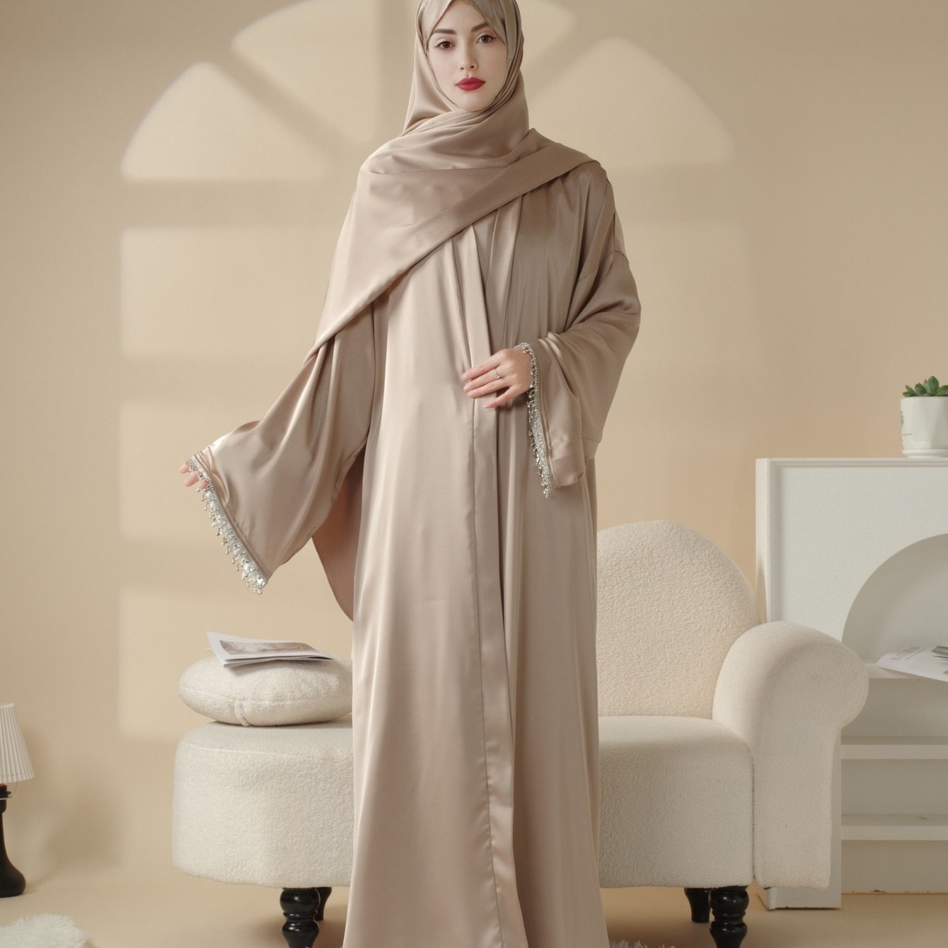 4pcs Satin Diamond Tassel Emirati Abaya Set Eid Al Adha, Abaya Muslim Women's Ramadan Iftar Eid Al Adha Iftar Holy Commemoration Prayer Garment Long Robe Gown Global Spring Summer