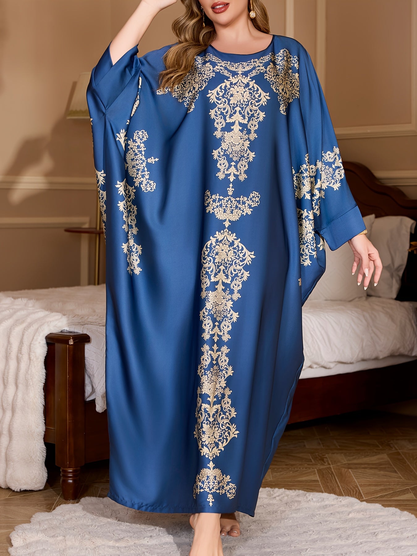 Elegant Plus Size Women's Blue & Golden Floral Print Robe - Soft Polyester, Long Sleeve, Crew Neck, Non-Stretch Fabric, Perfect for Spring/Summer/Fall, Comfortable Sleepwear|Elegant Robe Design