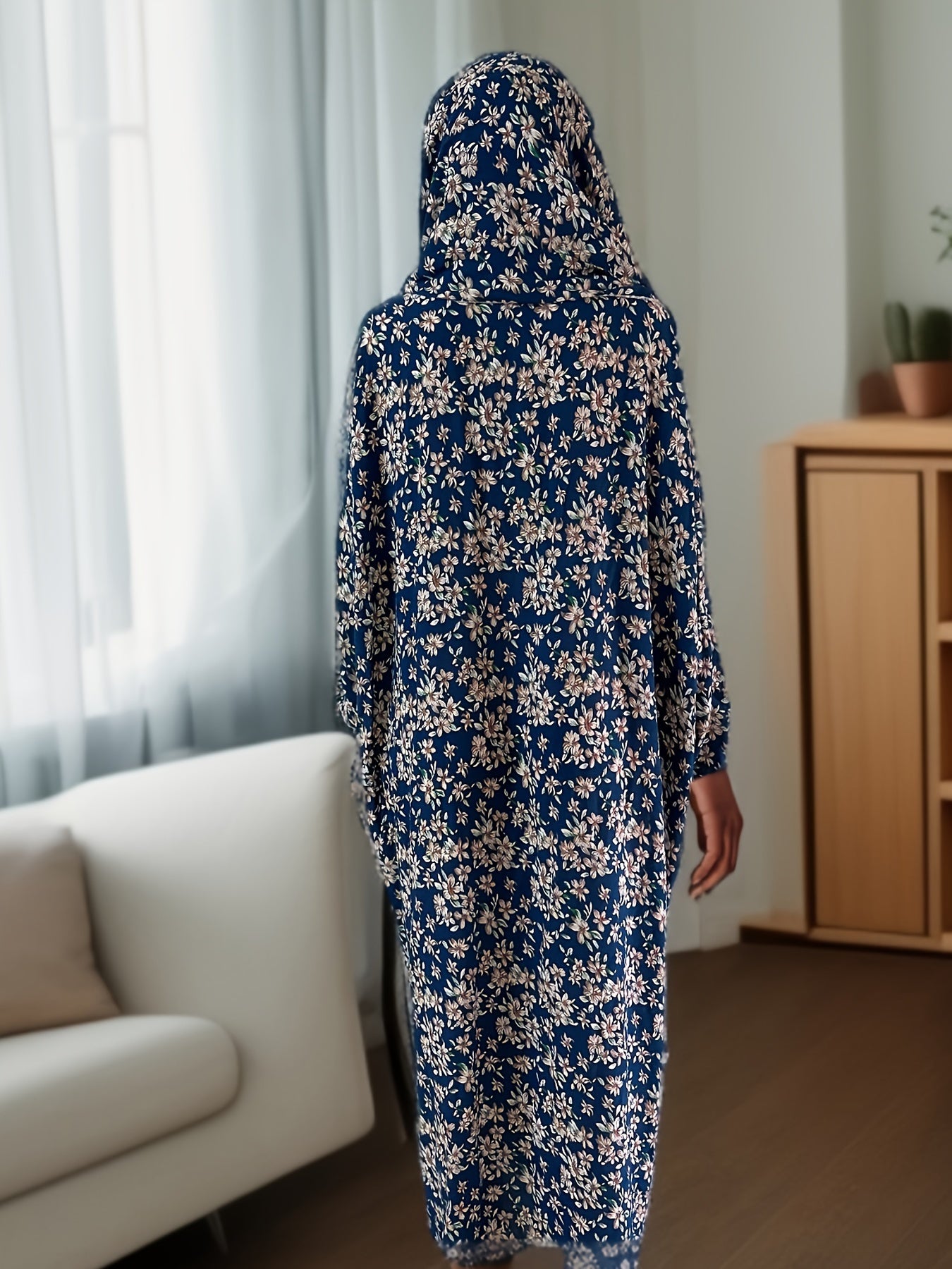 Ramadan Plus Size Floral Print Modest Jibab Abaya Dress, Modest Long Sleeve Maxi Dress With Hijab, Women's Plus Size Clothing