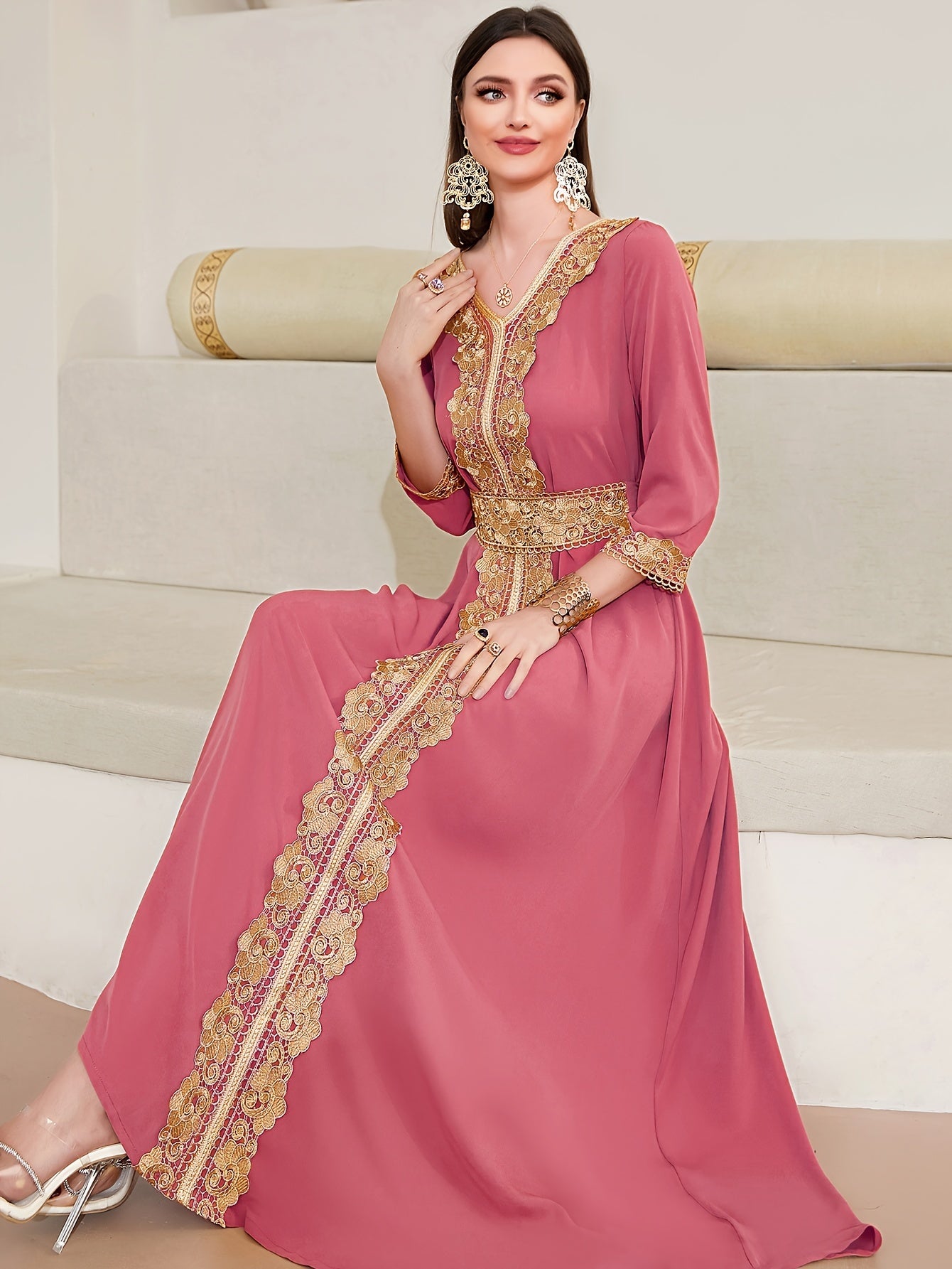 Elegant Golden Contrast Lace Detail Maxi Palestinian Abaya - V-Neck, Long Sleeve, Polyester, Formal or Evening Wear for Women, Formal Occasion Attire | Lace Detailing | Polyester Fabric