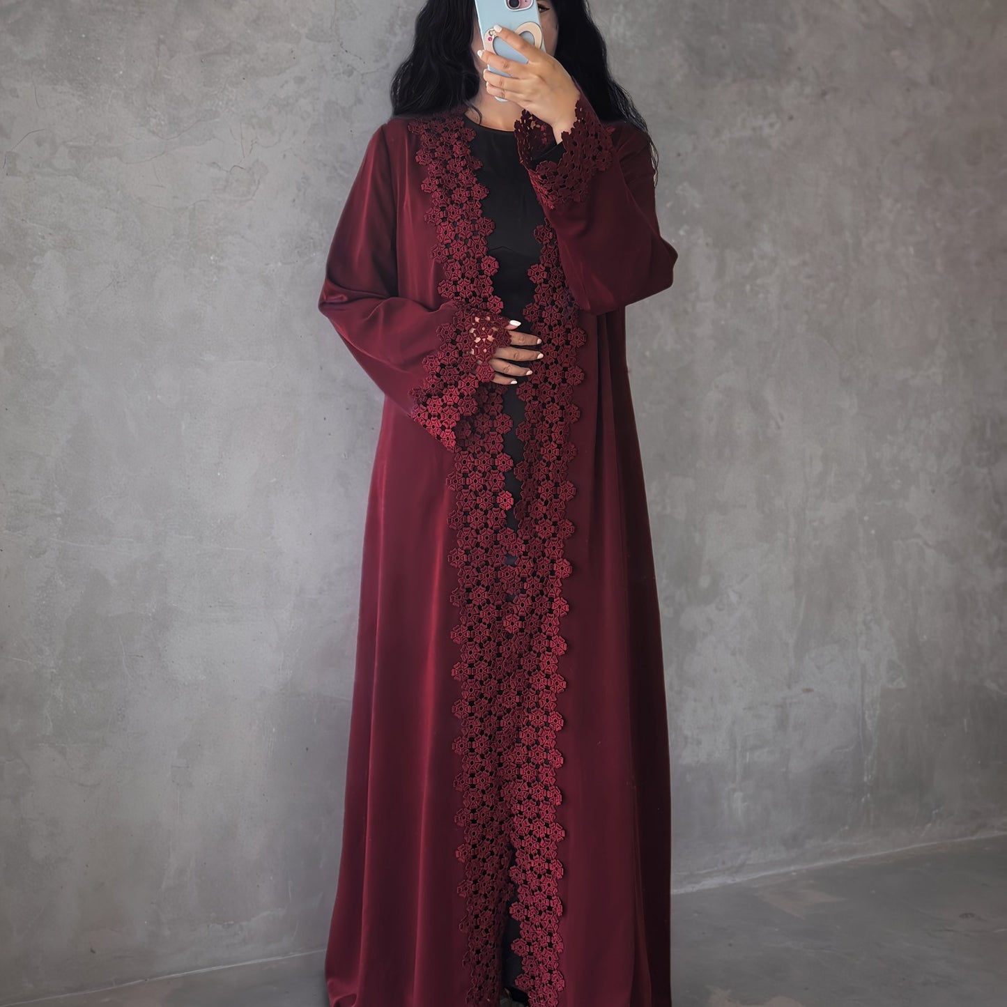 Elegant Women's Red Abaya Robe with Intricate Lace Detailing - Long Sleeve, Open Front, Loose Fit for Spring, Summer, and Fall - Perfect for Casual or Formal Occasions, Cultural Attire, Flowing Garment