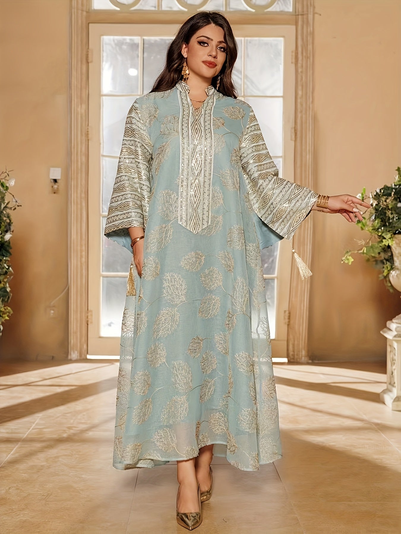 Elegant Blue & Golden Embroidered Abaya for Women - V-Neck, Split Sleeves, Asymmetrical Hem, Floor-Length Traditional Dress with Beaded Detailing, Perfect for Evening Wear, Allseason Abaya|Elegant Embroidery|Asymmetrical Hem