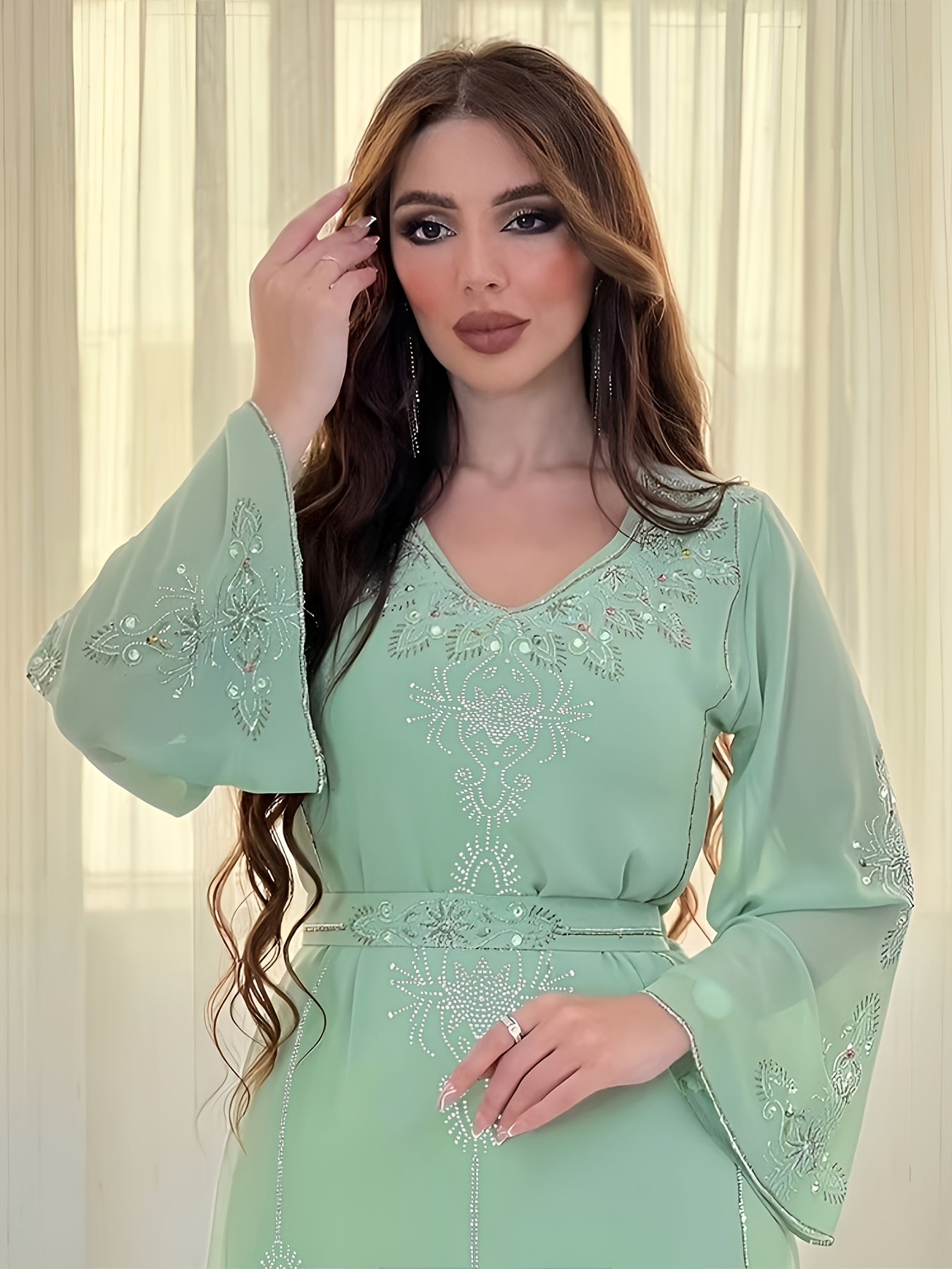 Elegant Rhinestone Embellished Chiffon Dress - Summer Long Robe for Women, Polyester, Machine Washable, Middle Eastern Style Palestinian Abaya