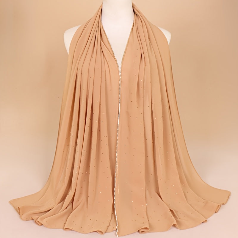 1pc Lightweight Breathable Chiffon Scarf with Sparkling Rhinestone Trim
