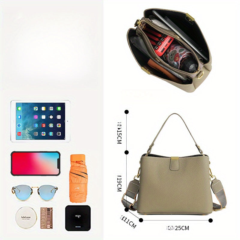 2025 New Model, High-End Grey Leather Women'S Handbag, Cowhide Large Capacity Bucket Bag, Versatile Commuting Shoulder Crossbody Bag, Lightweight And Fashionable Daily Bag