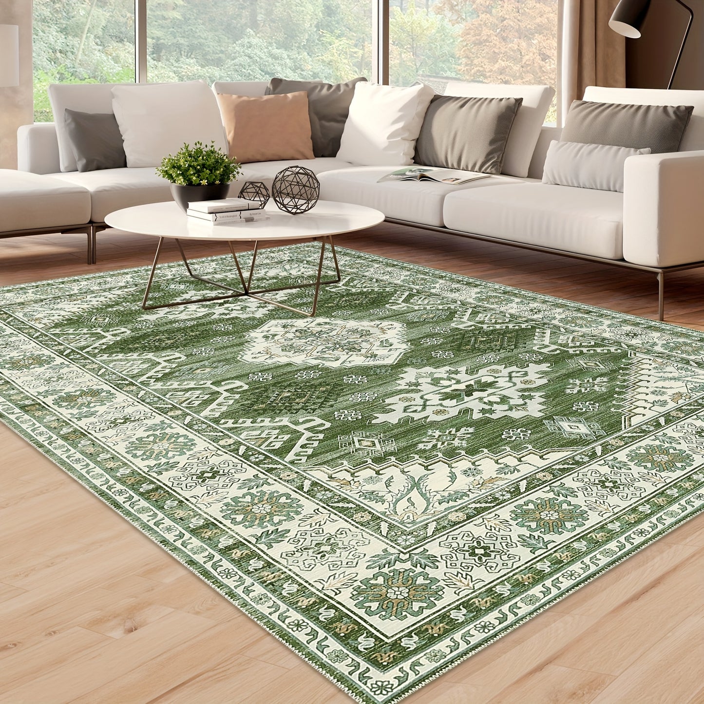 Machine Washable Rugs Distressed Vintage Tribal Medallion Area Rugs For Living Room Bedroom Office Low Pile Neutral Soft Rug Indoor Stain Resistant Throw Rug Runner Rug Non Slip Entryway Rug Foldable Farmhouse Floor Cover