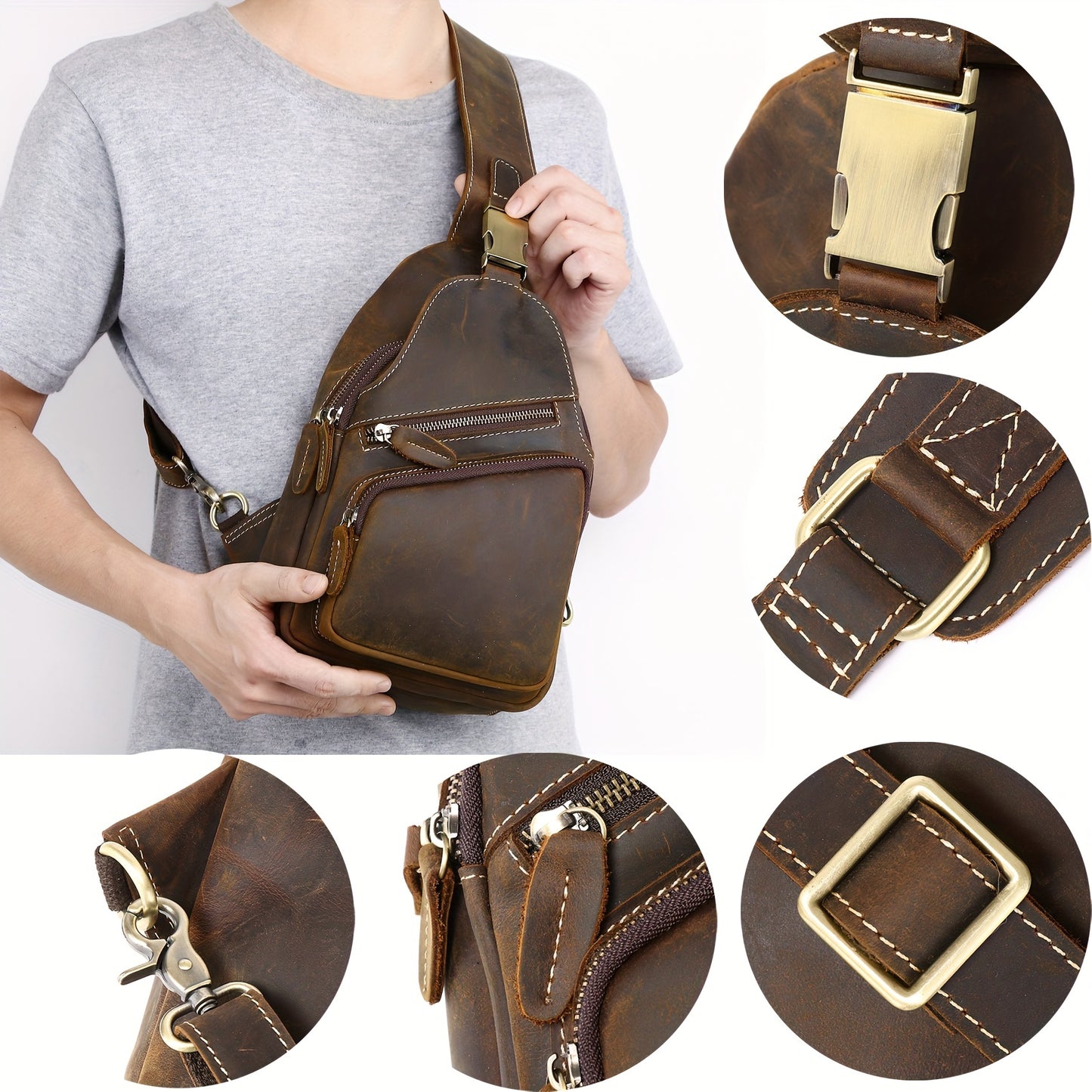 Full Grain Cowhide Leather Vintage Sling Chest Shoulder Bag Retro Hiking Crossbody Casual Daypack - Durable & Stylish - For Men & Women