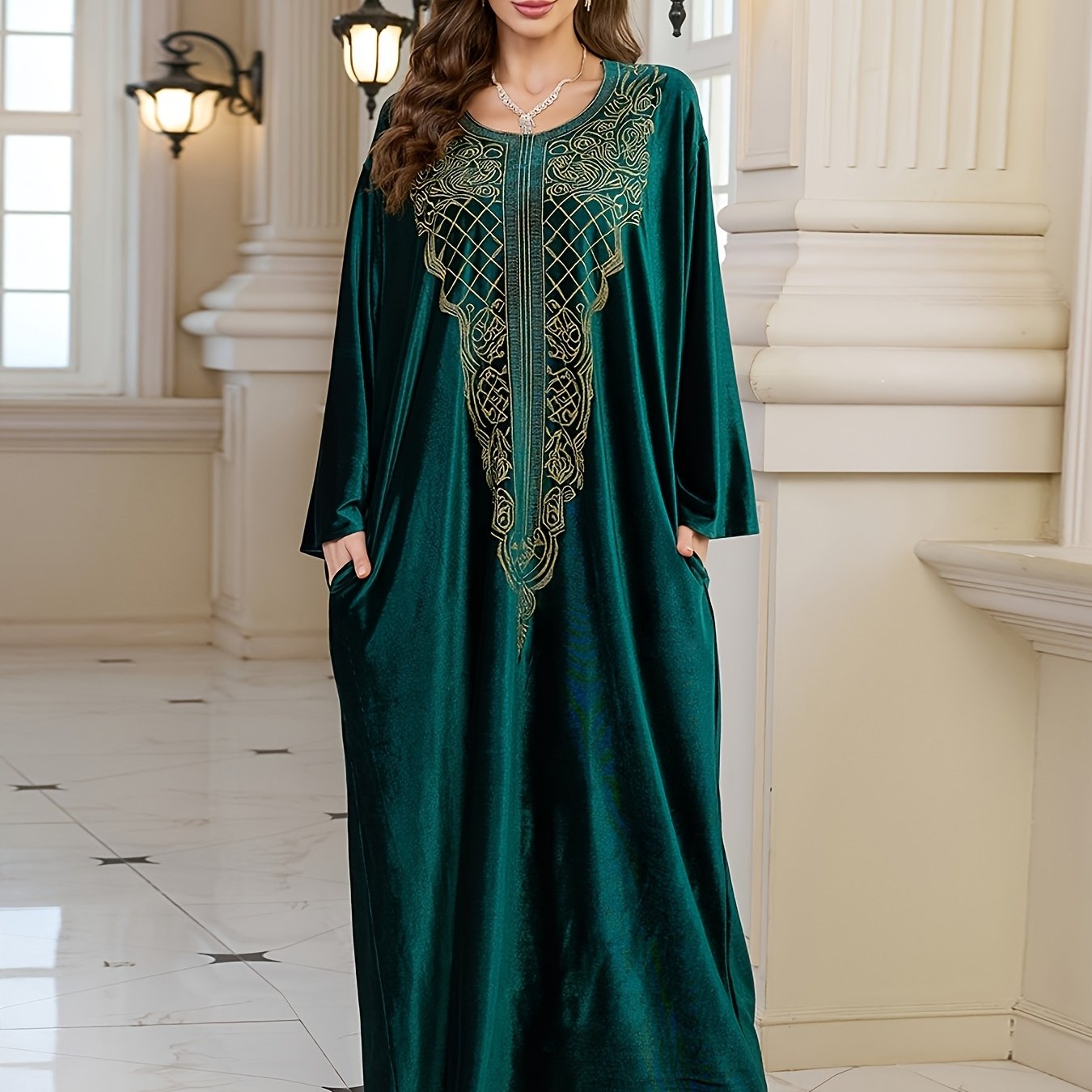 Plus Size - FY Ladies Elegant Embroidery Velvet Long Gown Loose Arabic Abaya Large Size Leisure Resort Beach Jacket Bikini Outerwear Cover-up