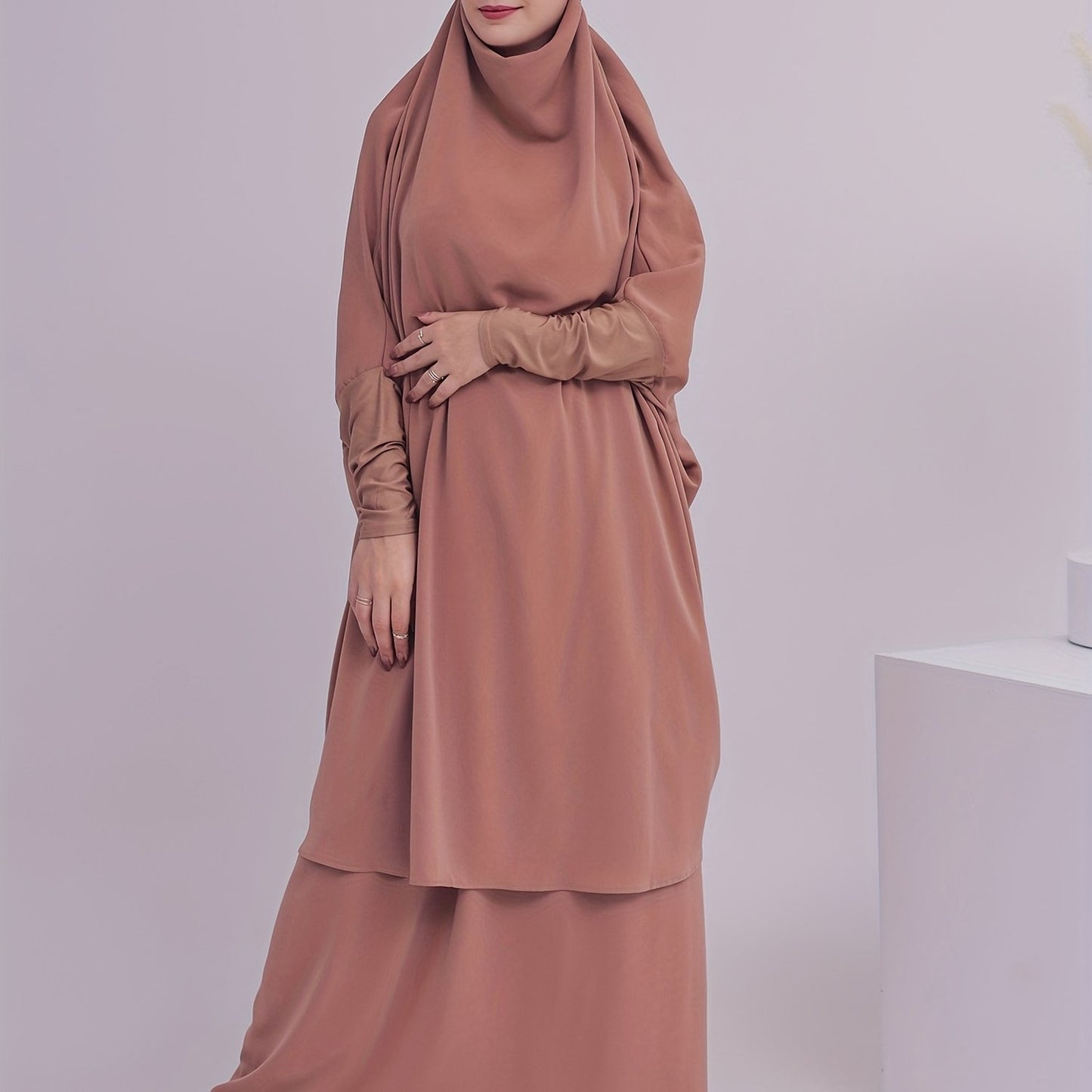 2pcs Dubai Islamic Muslim Women Jilbaab Abaya Long Skirt Pray Abaya Set for EID Ramadan