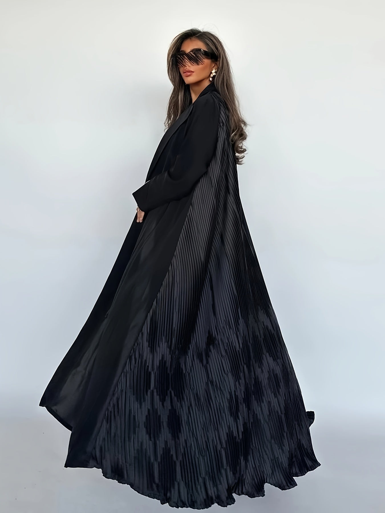 Elegant Black Arabian Fashion Emirati Abaya with Ruffle Detail - V-Neck, Long Sleeve, Floor-Length Kaftan for Women, Casual Style, All-Season Wear, Casual Wear Abaya | Vneck Abaya | Polyester Abaya