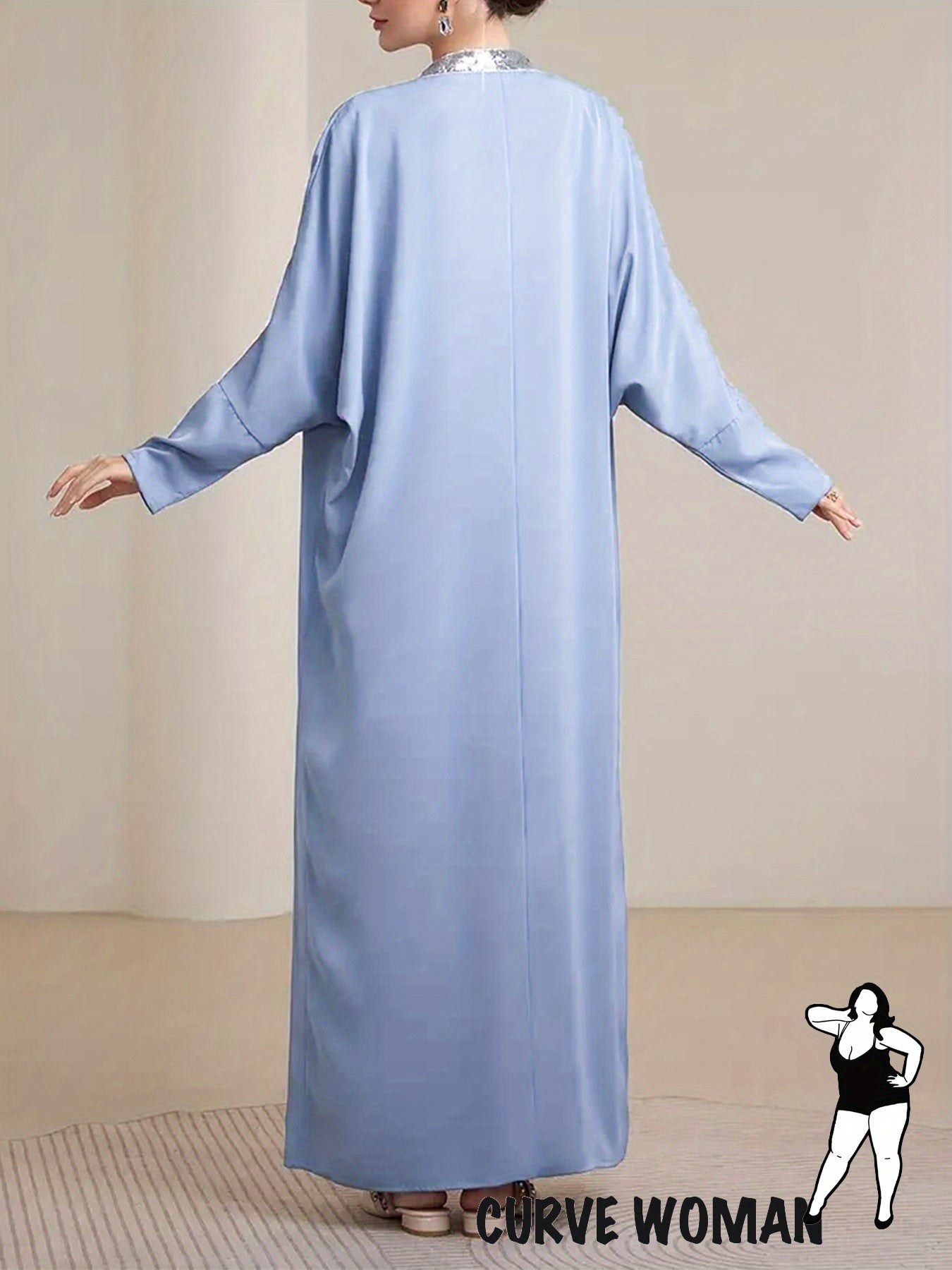Elegant Light Blue Abaya Robe with Batwing Sleeves and Belt - Sheer Golden Accents, Flowing Design, Perfect for Ramadan and Formal Gatherings, Cultural Fashion, Elegant Attire
