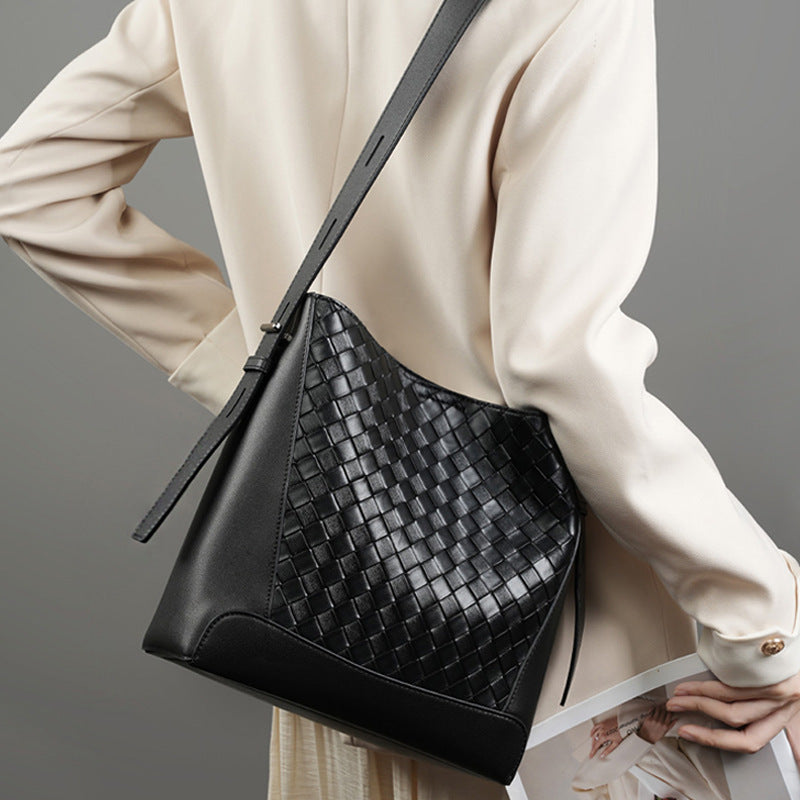 Genuine Leather Woven Tote Bag for Women - Large Capacity Crossbody Shoulder Bag with Adjustable Strap, Zipper Closure & Polyester Lining