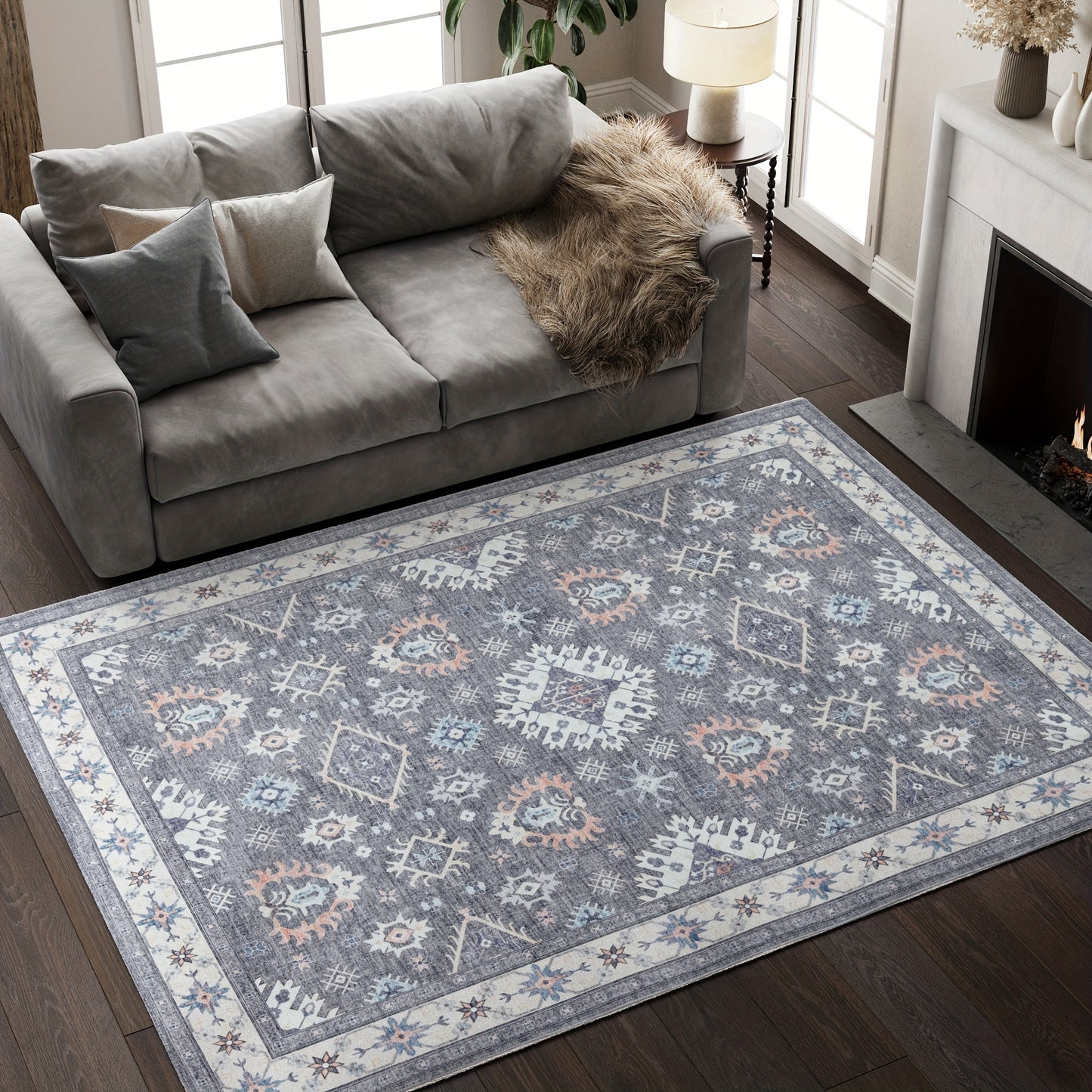 Boho-Chic Vintage Floral Area Rug - Non-Slip, Machine Washable Arabian Carpet, Low-Pile TPR & Polyester Blend, Perfect for Kitchen, Living Room, Bedroom, Dining Room