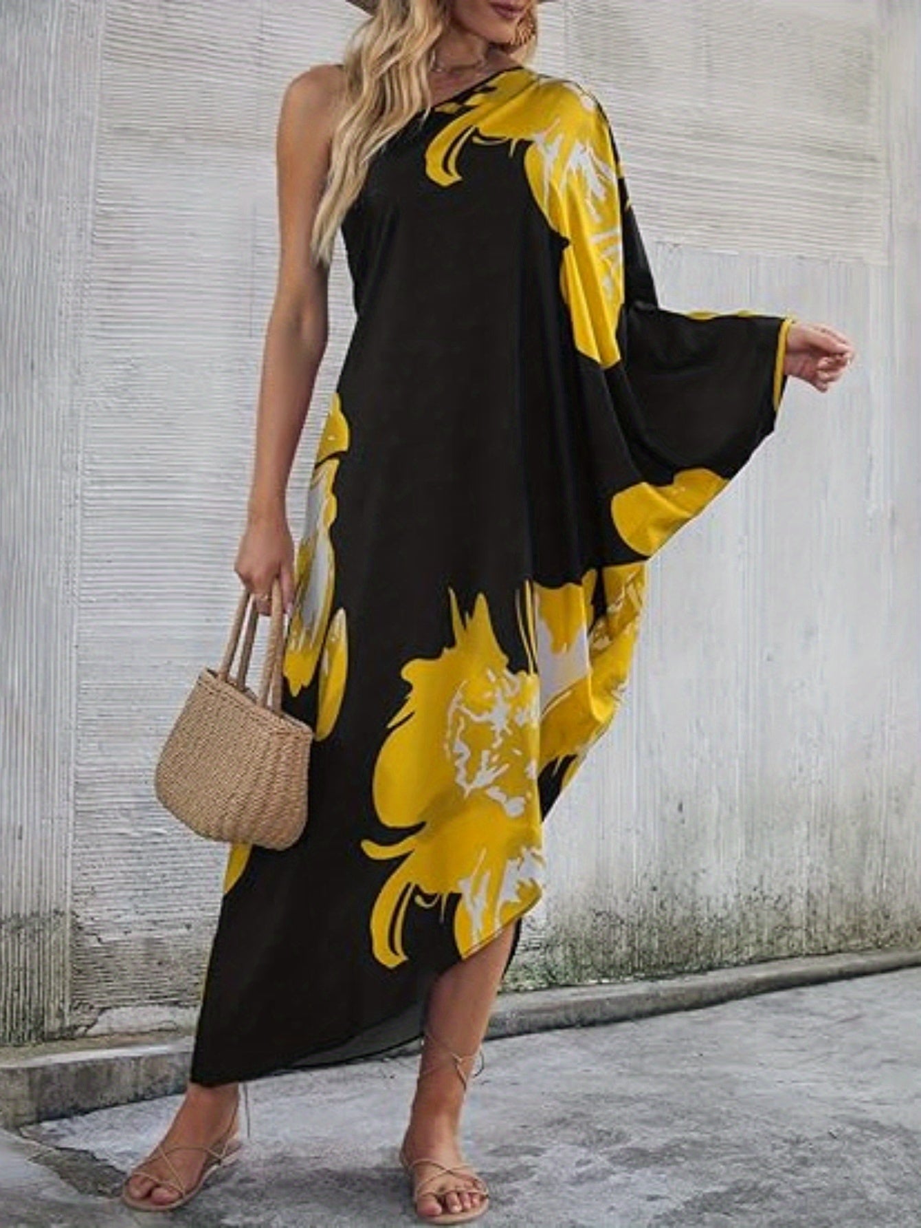 Women'S Elegant Kaftan Dress - V-Neck, Long Sleeve, Flowy Beach Cover-Up with Orange & Black Floral Print, Lightweight Polyester for Summer Vacation, Beach Dress