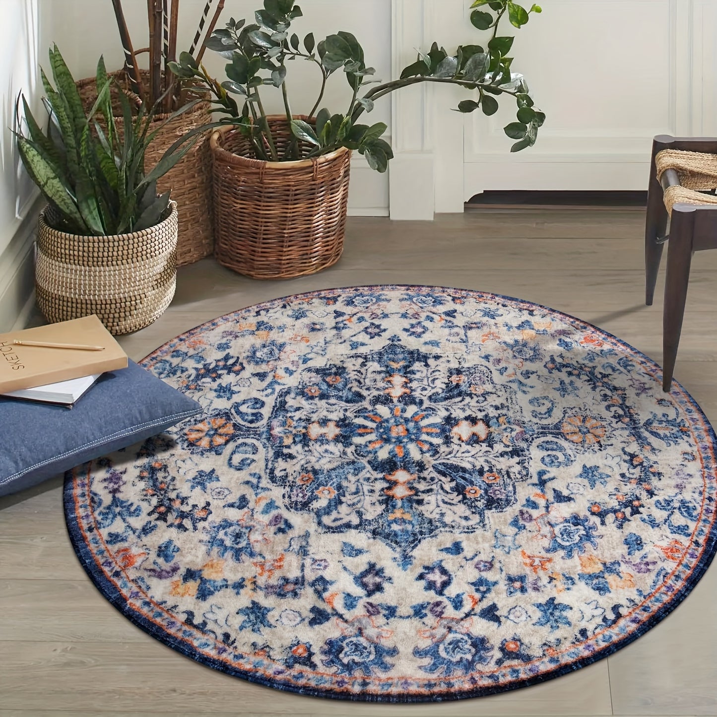 Bohemian Round Rug Bedroom Round Area Rug Soft Bathroom Circle Mat, Vintage Machine Washable Non Slip Low Pile Indoor Floor Carpet For Kitchen, Laundry Room, Entryway