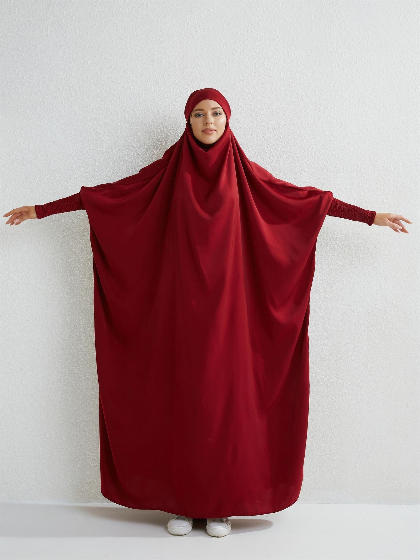 Women's Modest Jibab Abaya Dress with Hijab - Batwing Sleeves & Smocking Detail, Full-Length Prayer Robe, Islamic Clothing, Machine Washable Solid Color for Ramadan & Daily Wear, Allseason Robe, Hshaped Silhouette, Nontransparent F