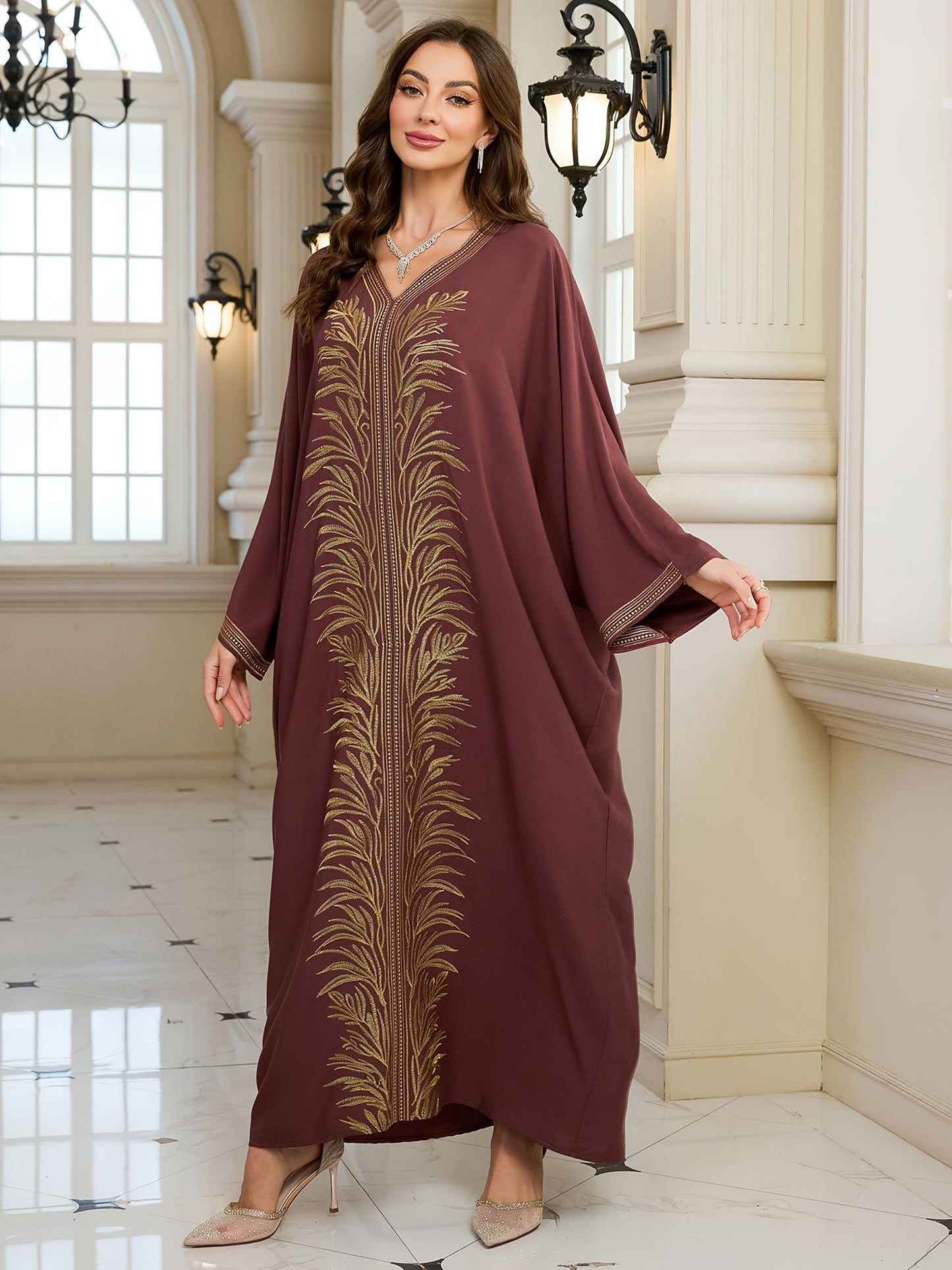 Women's Golden Floral Embroidered V-Neck Batwing Sleeve Kaftan Robe - Loose Fit Plus Size Long Dress for Ramadan Eid Beach Vacation, Middle Eastern Cover Up, Muslim Abaya Dress