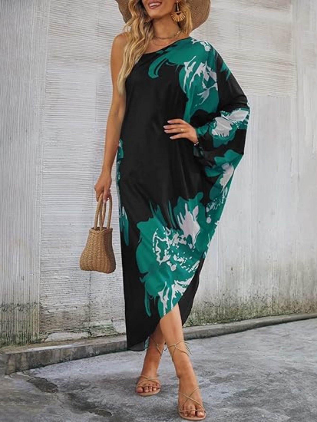 Women'S Elegant Kaftan Dress - V-Neck, Long Sleeve, Flowy Beach Cover-Up with Orange & Black Floral Print, Lightweight Polyester for Summer Vacation, Beach Dress
