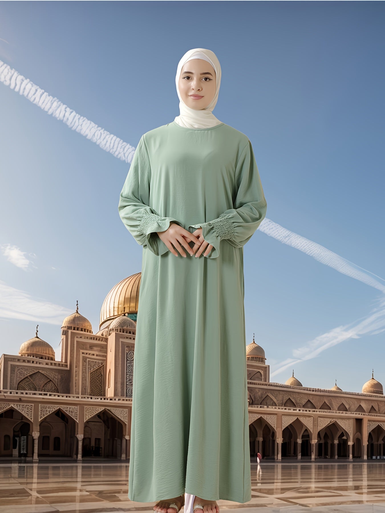 Elegant Long Chiffon Arabic Abaya with Elastic Sleeves - Solid Color, Flowing Design for Muslim Women, Perfect for Ramadan, Eid Al-Fitr, and Eid Al-Adha, Comfortable Spring & Summer Wear