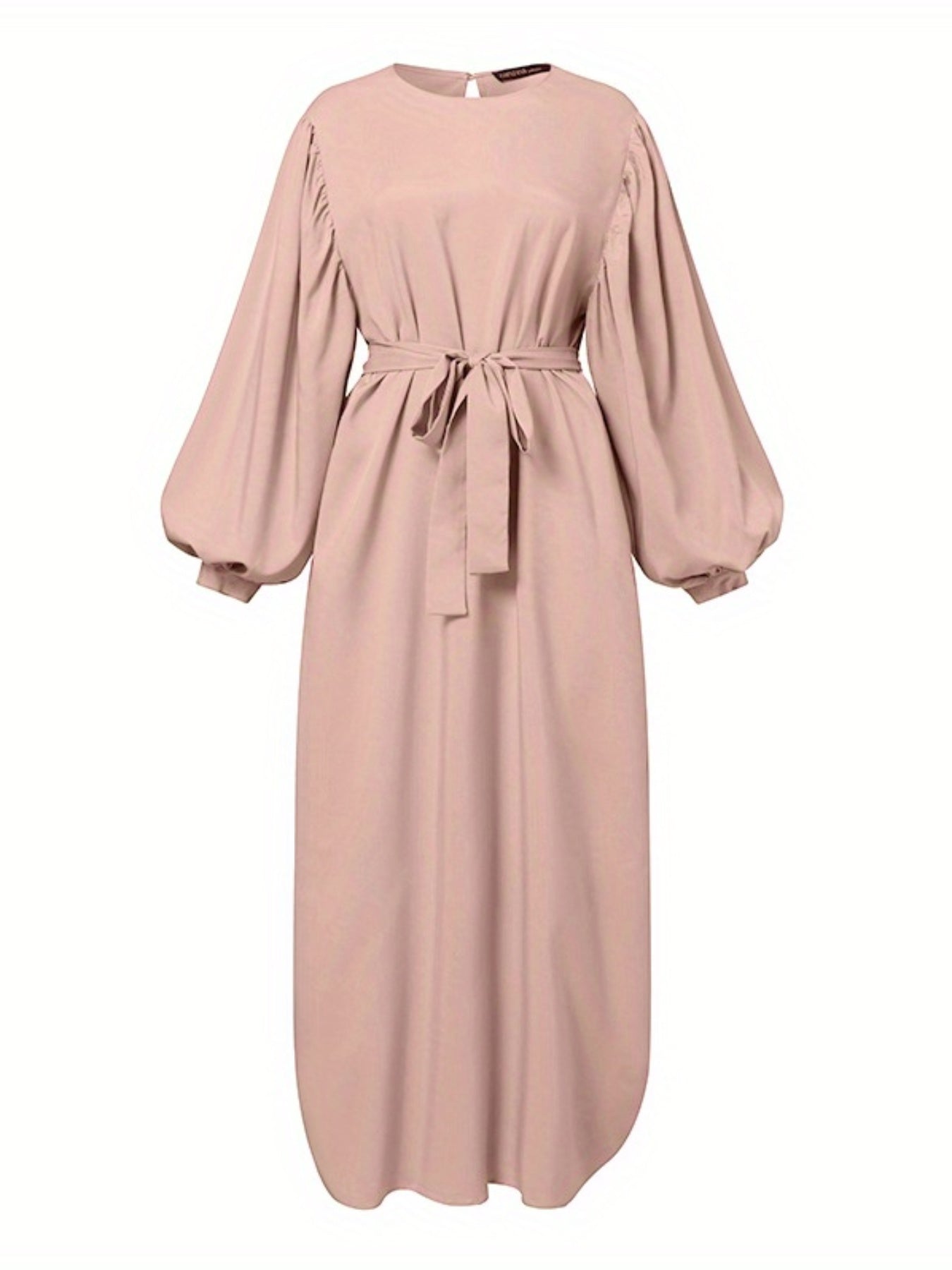 Elegant Women's Long Dress in Solid Color with Lantern Sleeves and Round Neckline