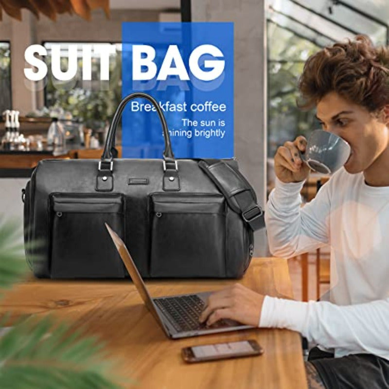 Men's 2-in-1 Garment & Duffel Bag - High Quality Vegan Leather Carry-On with Multiple Pockets, Shoe Compartment & Adjustable Shoulder Strap for Business Travel, Weekend Getaways