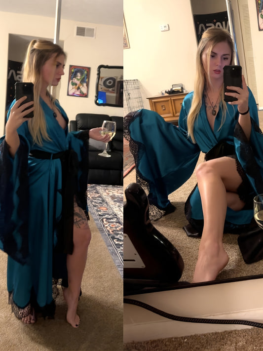 Women's Black Satin Robe - Elegant Long Lace Kimono, Lightweight Bridal Sleepwear for Wedding Day, Polyester, Contrast Lace Detail, Bride Lingerie