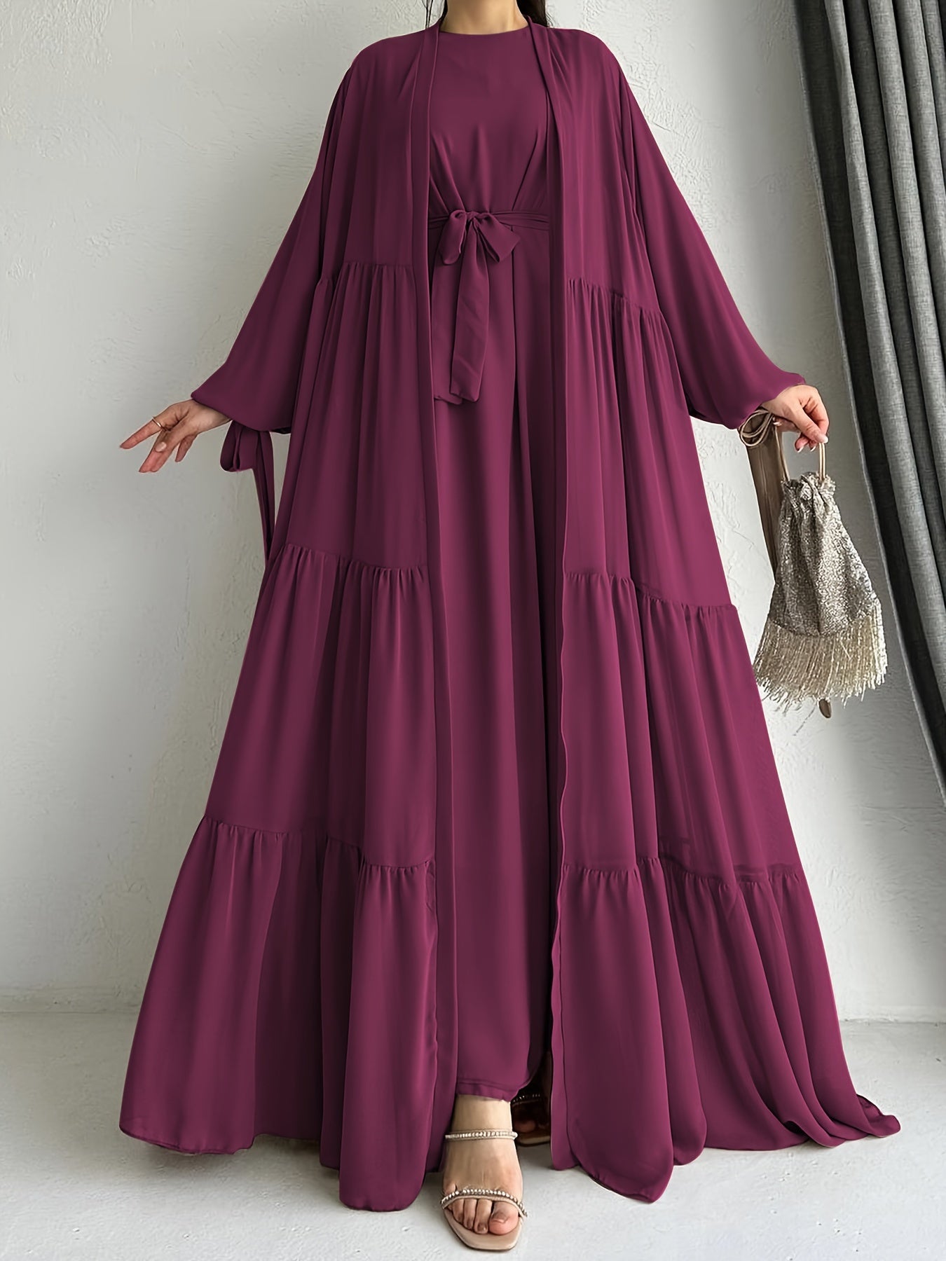 Women's Middle Eastern Palestinian Abaya Dress with Cape Cover - Sleeve Brown Solid Color Modest Traditional Dress, Adjustable Waist Tie Belt, Machine Washable All-Season Wear, Versatile Layering Piece