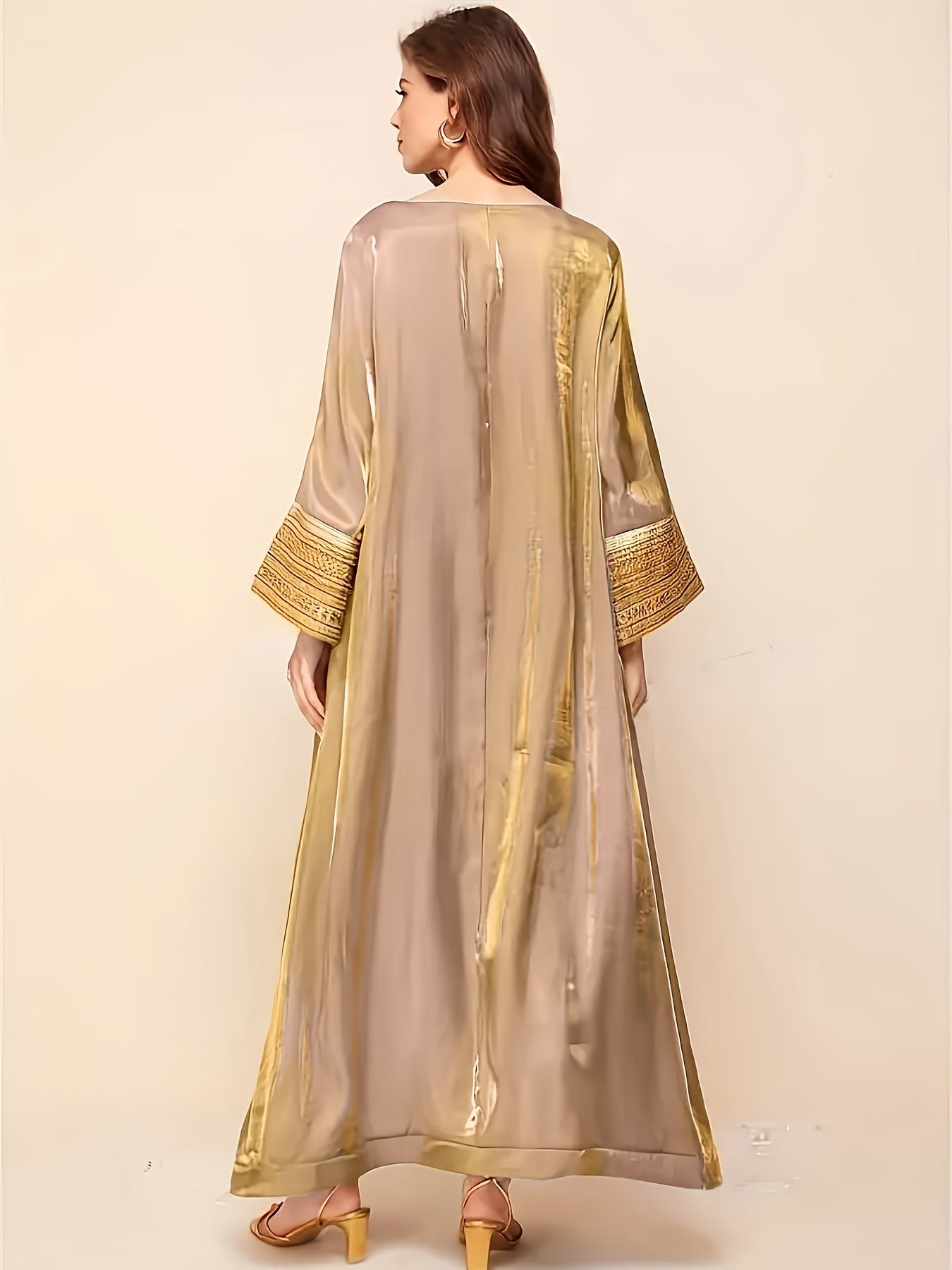 Elegant Long-Sleeve Baju Abaya | Golden Lace Accents, Reflective, Loose Fit, Round Neck, Perfect for Spring/Fall, Women's Fashion, Fall Fashion