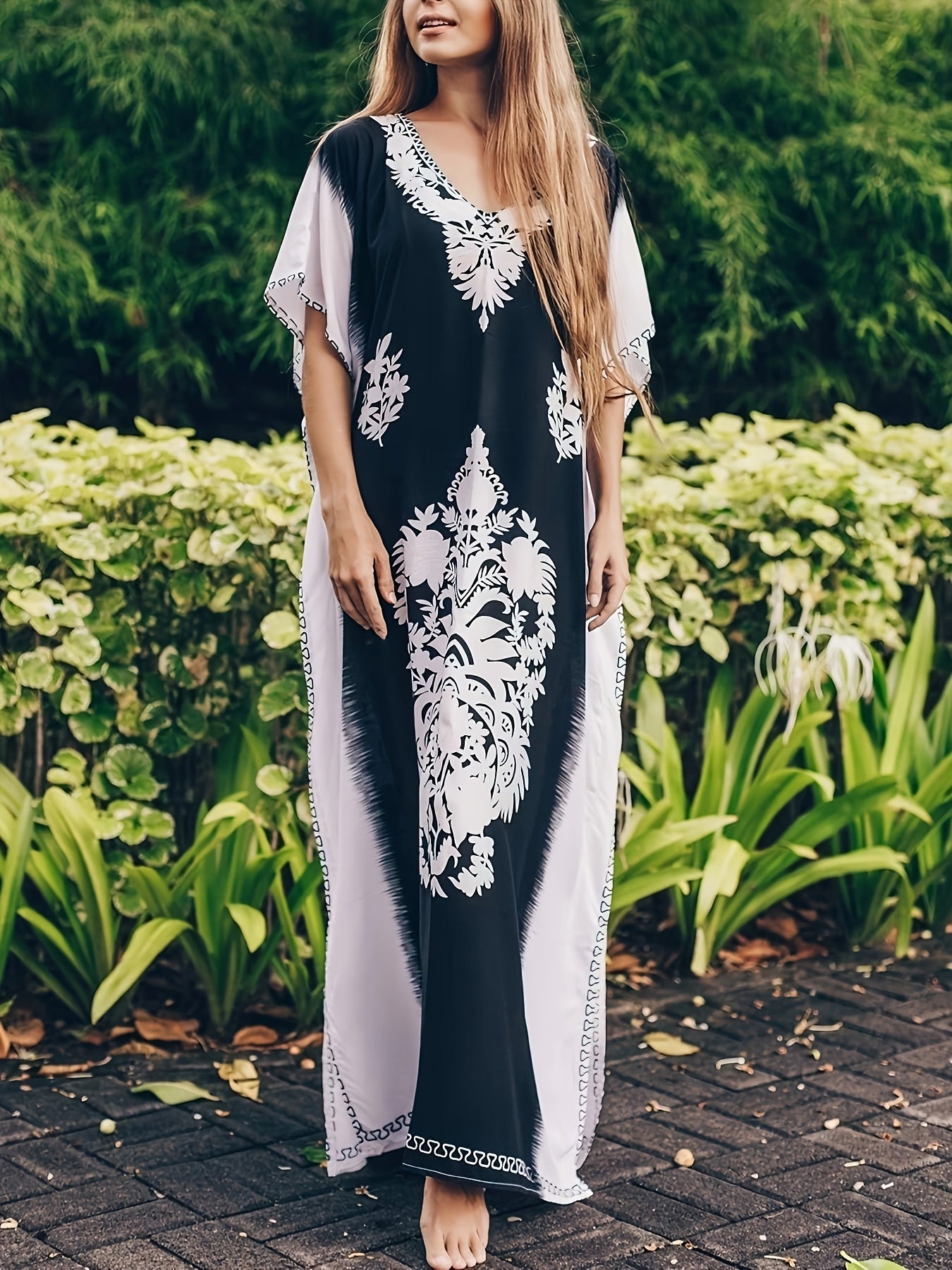 Women's Summer Floral Print Swimsuit Cover Up, Casual V-Neck Half Sleeve Midi Kaftan Beach Dress, Polyester Spandex Blend, Loose Fit with Side Split