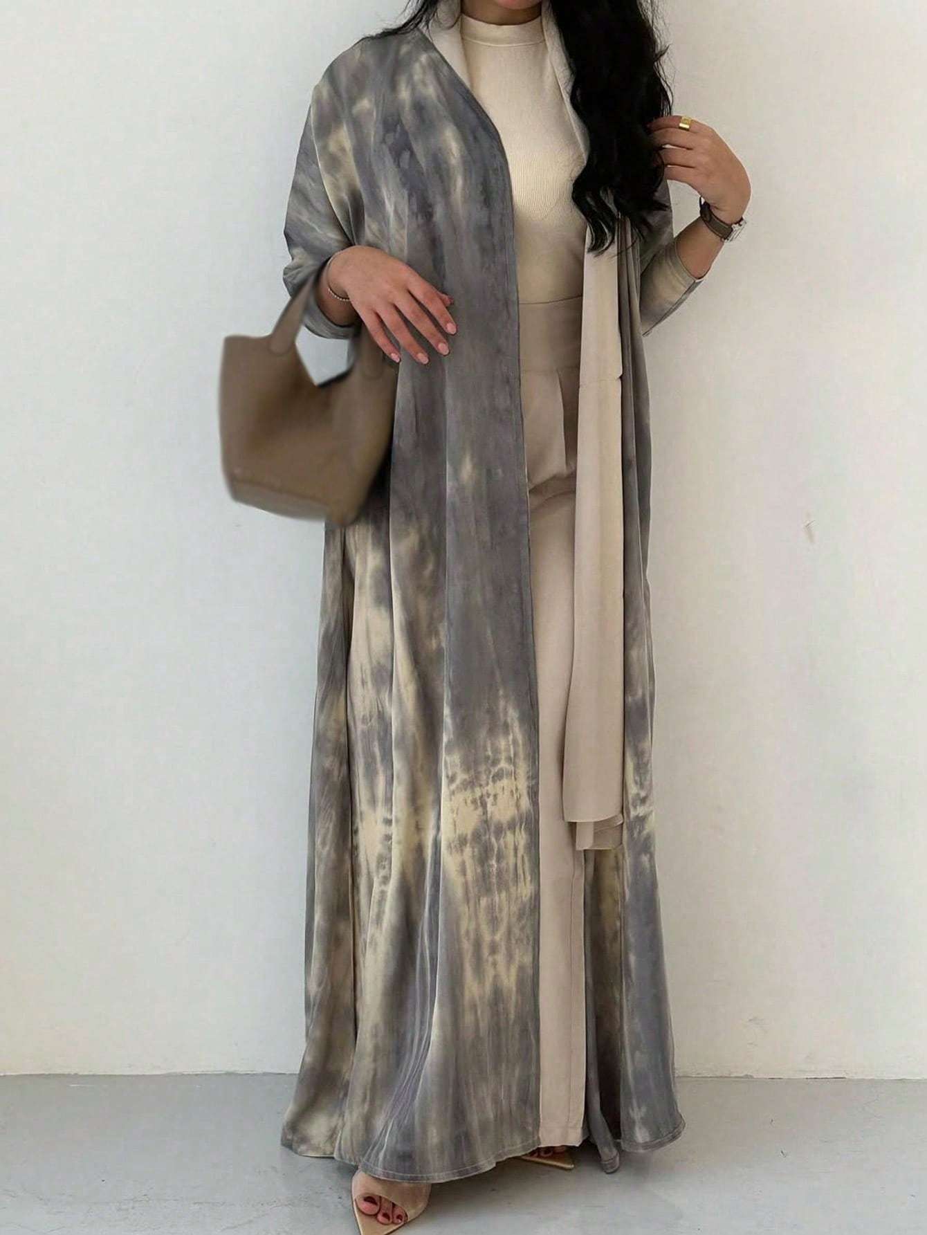 Plus Size, 1pc Women's Plus Size Turkish Abaya Kaftan - Elegant Islamic Robe Maxi Dress in Gray/Beige/White/Black/, Long Sleeve Flowy Kaftan with Asymmetrical Hem, All-Season Formal & Casual