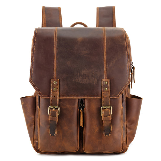 Full Grain Vintage Leather Backpack for Men 15.6 Inch Laptop Bag Vintage Hiking Travel Office Work Bag Backpack