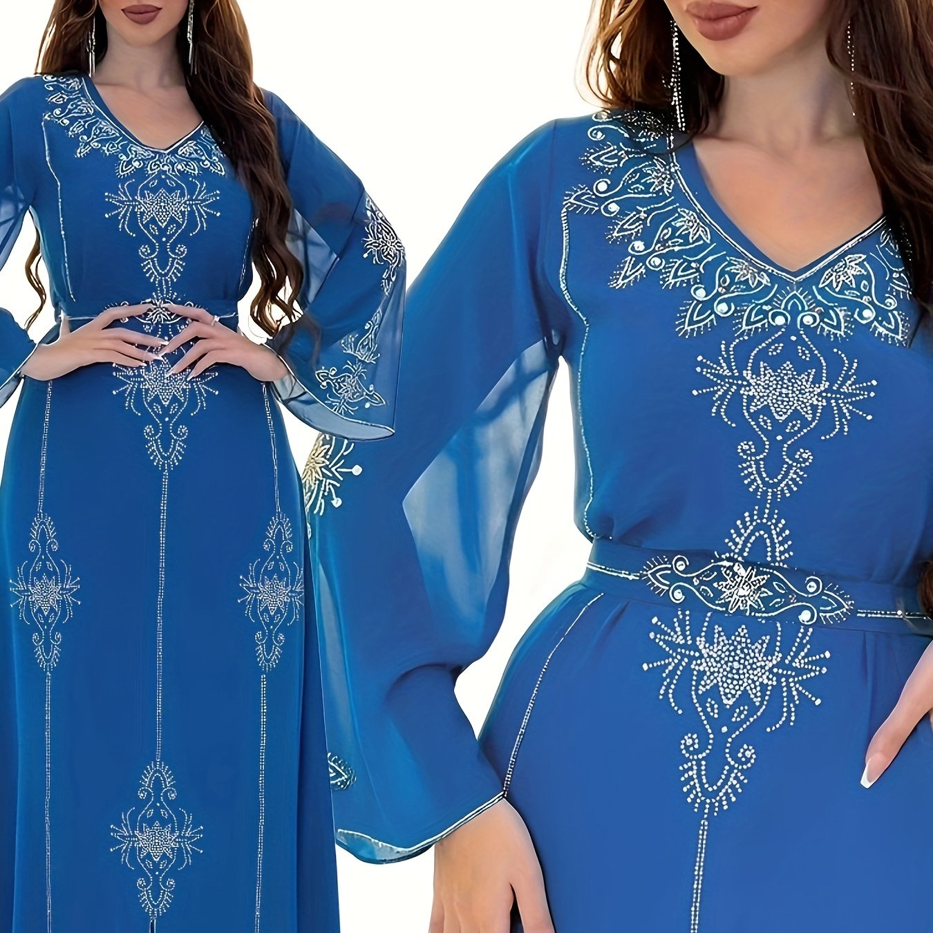 Elegant Rhinestone Embellished Chiffon Dress - Summer Long Robe for Women, Polyester, Machine Washable, Middle Eastern Style Palestinian Abaya