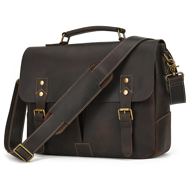 Vintage Men Leather Briefcase Bag Mad Horse Leather 1516 Inch Cowhide Commuter Bag Leather Shoulder Bag Laptop Bag