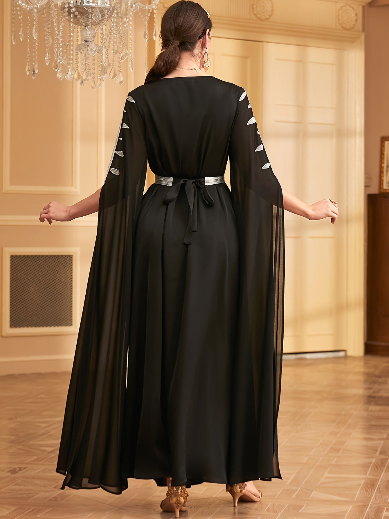 Middle Eastern-Inspired Embroidered Burgundy A-Line Kaftan Abaya with Ultra-Long Sleeves, Cinched Waist & Exaggerated Hem - Machine Washable Formal & Casual Elegance, Special Occasion