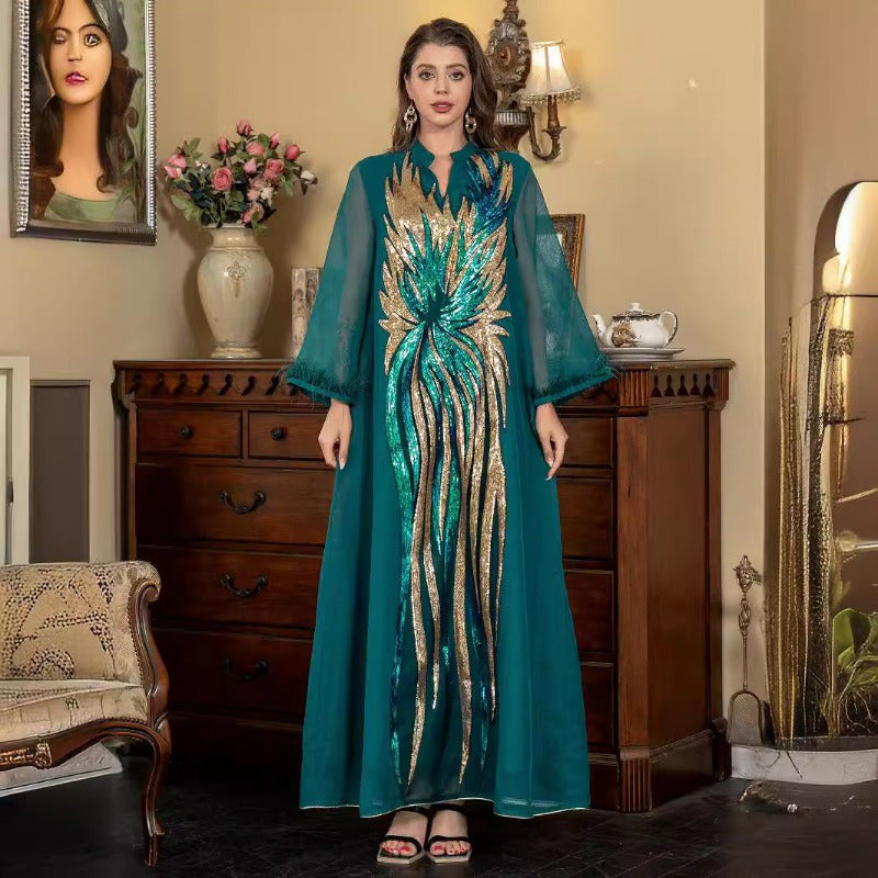 Women's Elegant Islamic Abaya Robe -Modern Long Sleeve V-Neck Islamic Dress with Floor-Length Coverage, Formal & Everyday Muslim Gown for Weddings, Eid - Modest Muslim Clothing