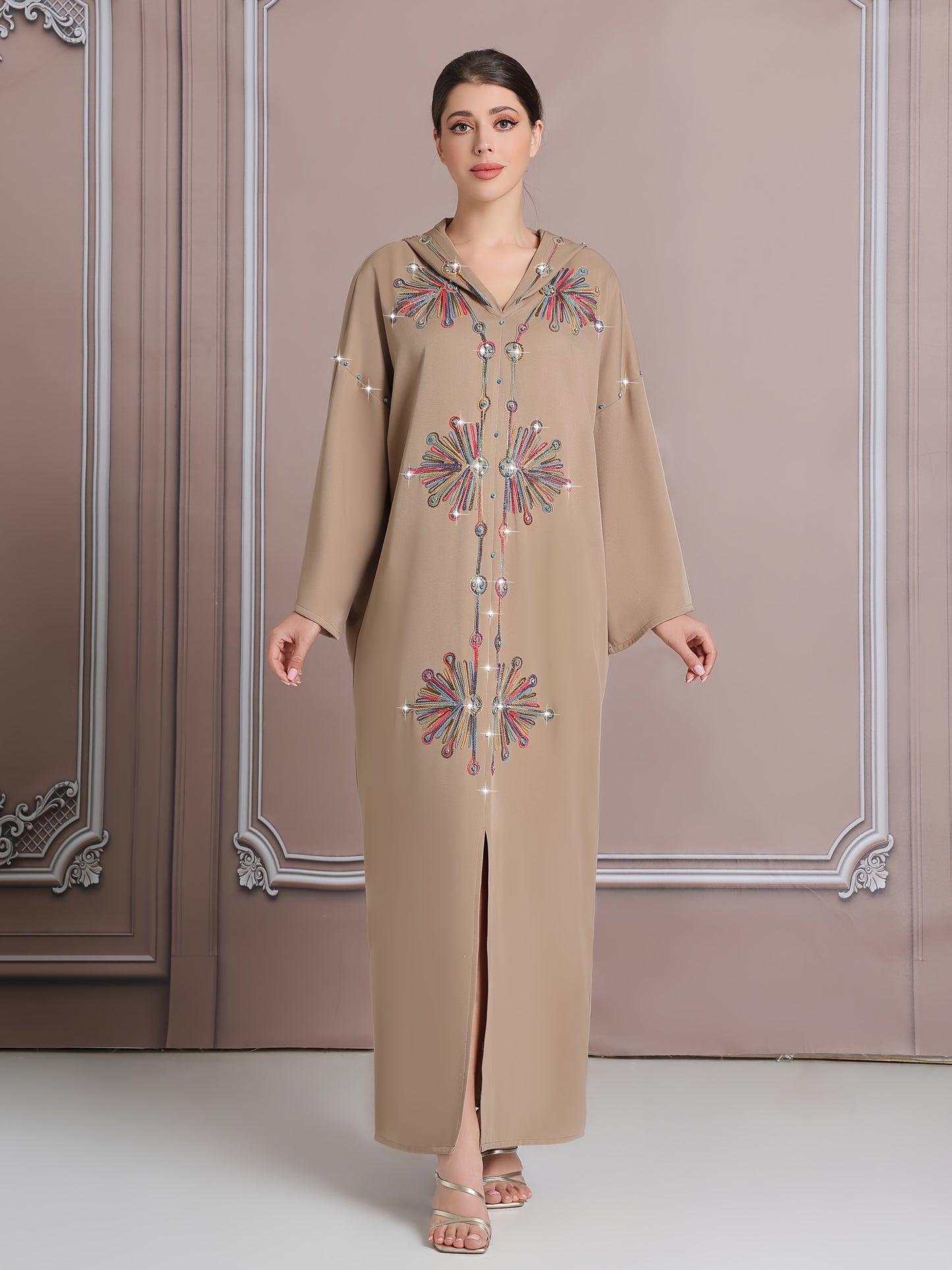 Elegant Long-Sleeve Kaftan with Colorful Embroidery - Polyester, Drop Shoulder, Slit Hem, No Belt, All-Season Wear, Abaya for Women, Festive Attire|Elegant Embroidery|Polyester Kaftan