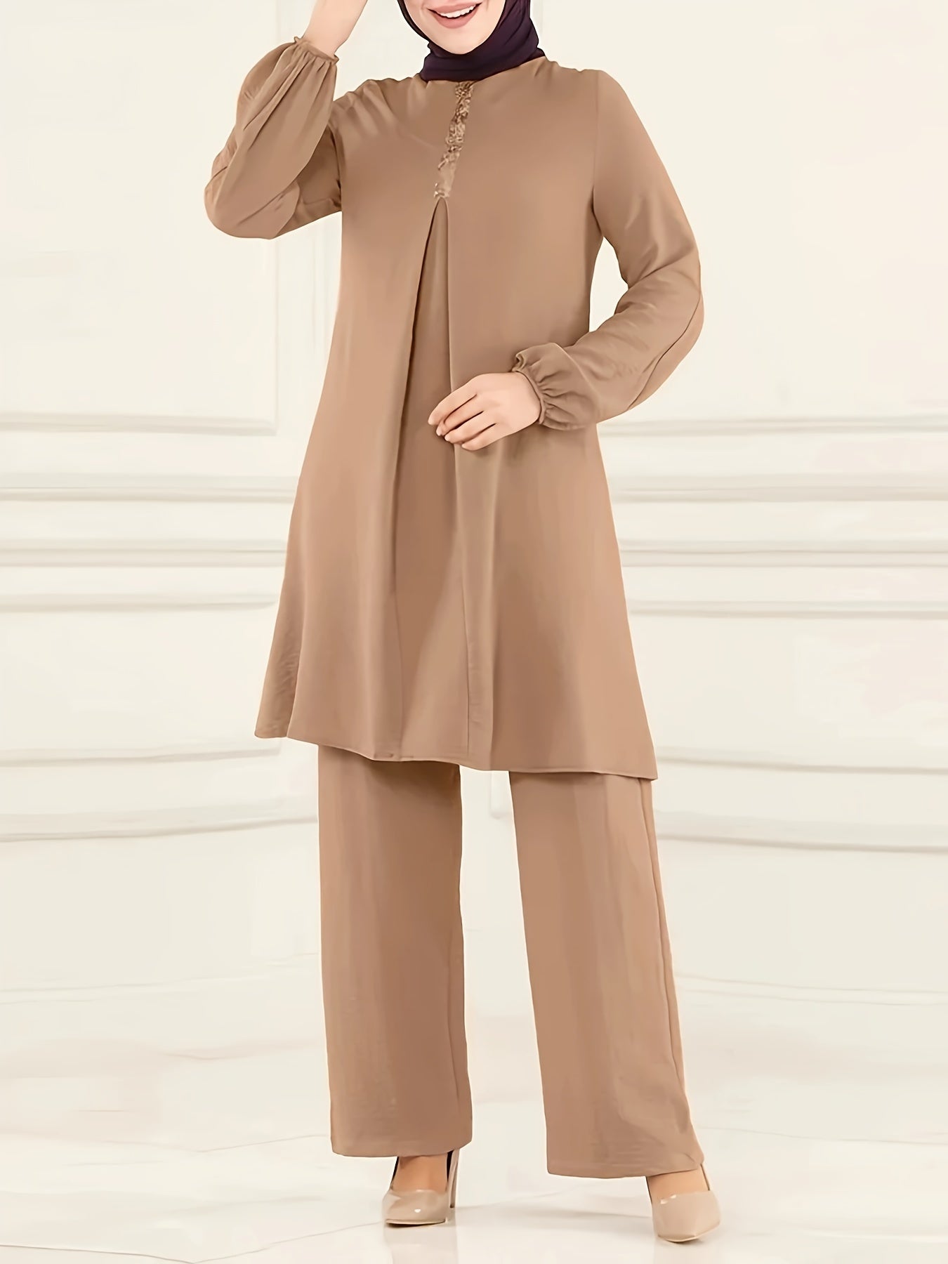 Ramadan Elegant Pure Muslim Two Piece Set, Long Sleeve Round Neck Top and straight-leg Pants Jilbaab Outfits, Women Clothing