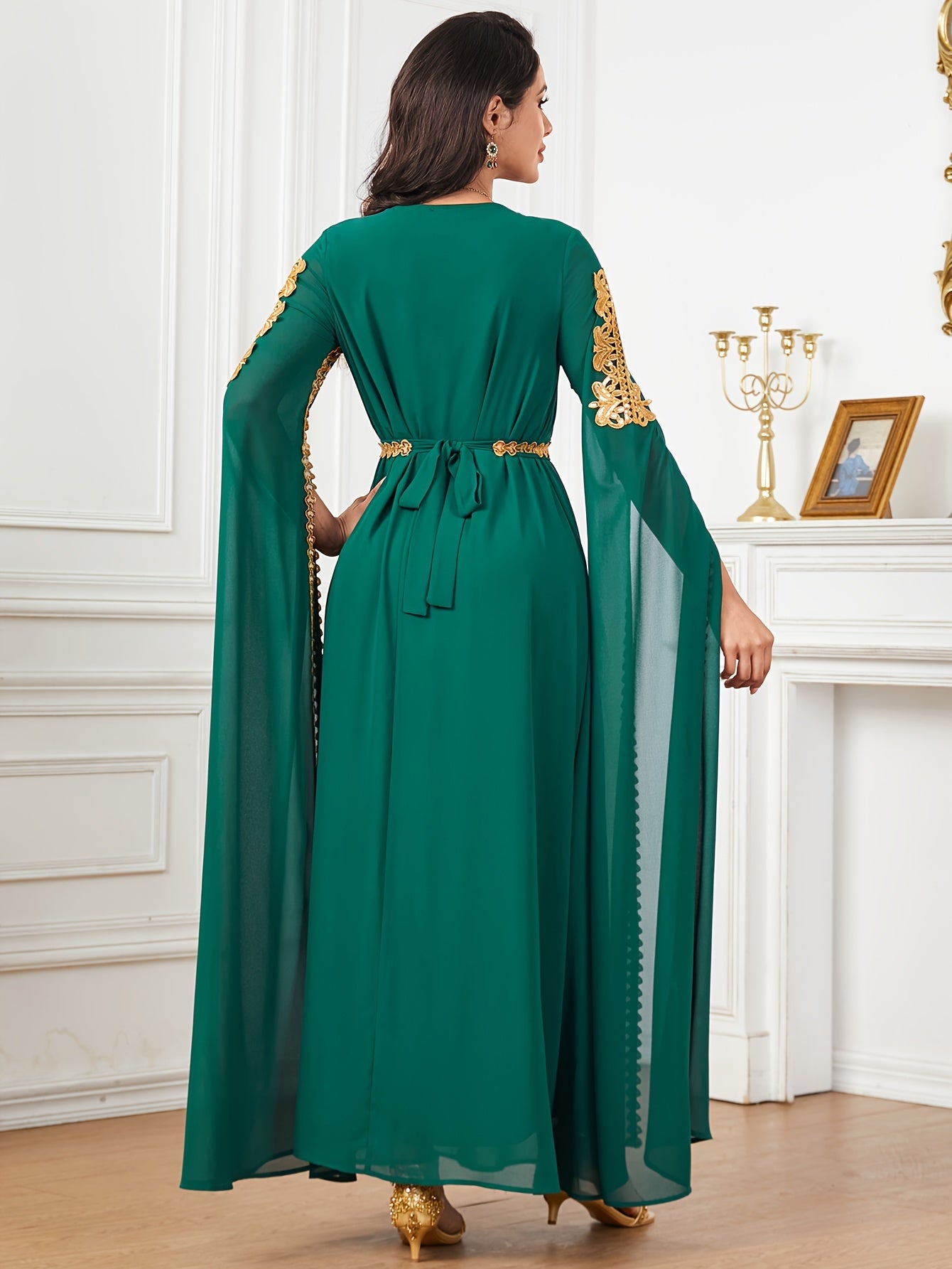 Elegant Black Sequin Embroidered A-Line Maxi Abaya Dress with Golden-Tone Embroidery, Slit Sleeves & Adjustable Waist Belt - Middle Eastern-Inspired Formal Party Wedding Guest Dress, Cultural Attire, Nontransparent Fabric