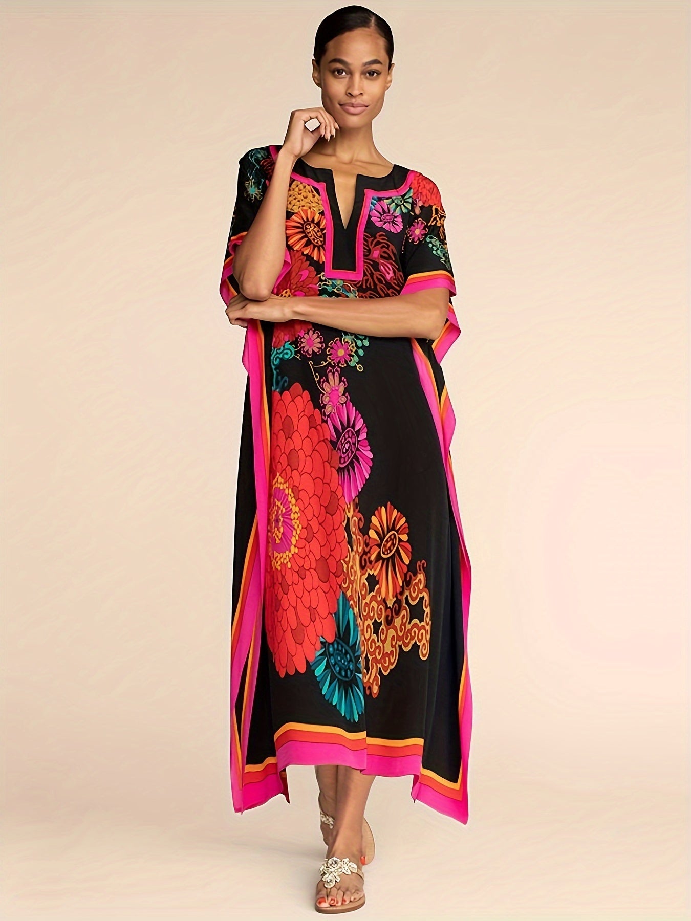 Women's Boho Style Cover Up, Plus Size Floral Pattern V Neck Loose Fit Vacay Beach Kaftan Dress
