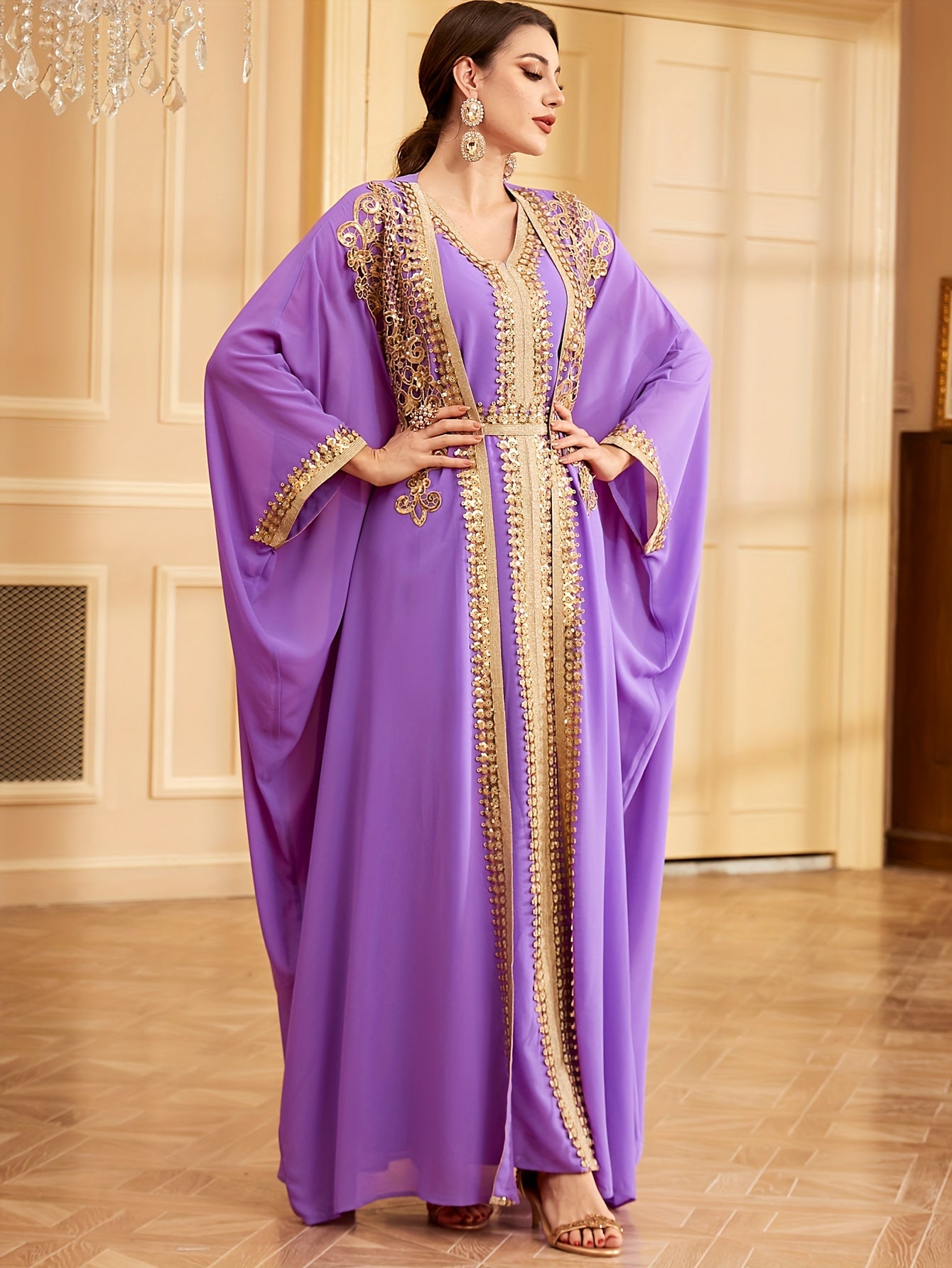 Middle Eastern Muslim Lace Weft Vest Abaya Gown Dress + Cardigan Sequin Embroidery Bat Sleeve Loose Robe Jacket Two-piece Set