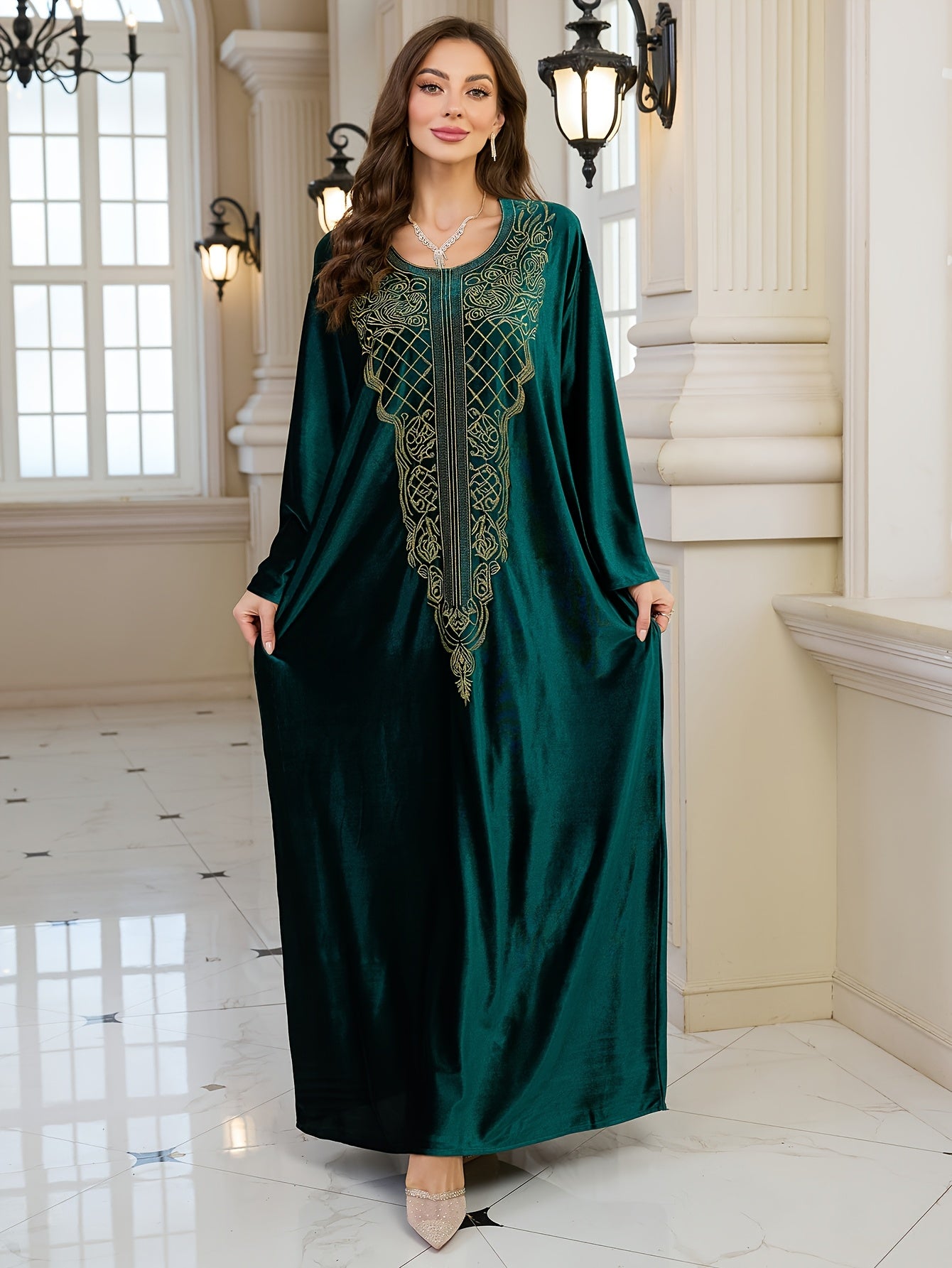 Plus Size - FY Ladies Elegant Embroidery Velvet Long Gown Loose Arabic Abaya Large Size Leisure Resort Beach Jacket Bikini Outerwear Cover-up